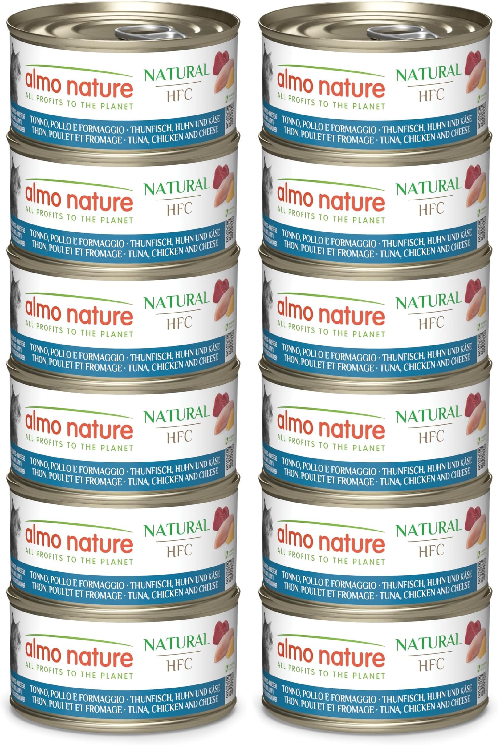 Almo Nature HFC Natural - Nassfutter für ausgewachsene Katzen - Thunfisch, Huhn & Käse - Human Grade, Glutenfrei - 6 x 70g (Packung mit 2)