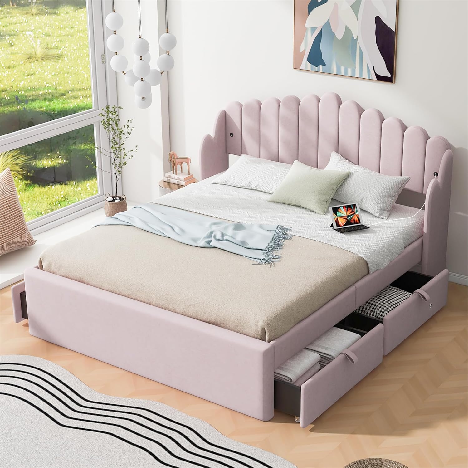 Queen Size Upholstered Platform Bed Frame with 2 USB, Striped Wavy Design Headboard and 4 Drawers Storage, Noise Free, Easy Assembly, Strong Wooden Slats Support, No Box Spring Needed, Pink