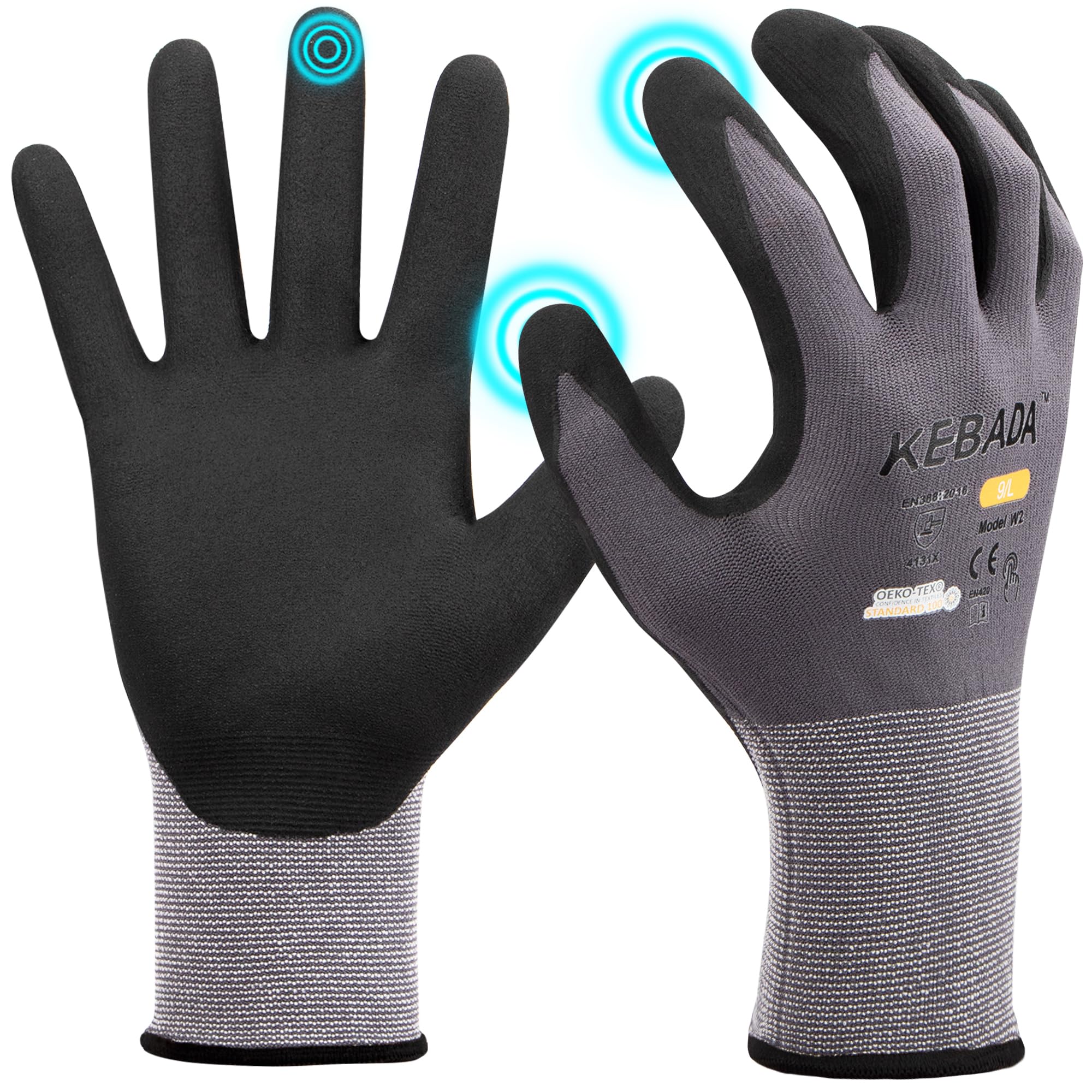 Kebada W2 Safety Work Gloves, Micro-Foam Nitrile Coated Gloves, Touchscreen,Ideal for Package Handling, Gardening, Construction, 1 Pair Small