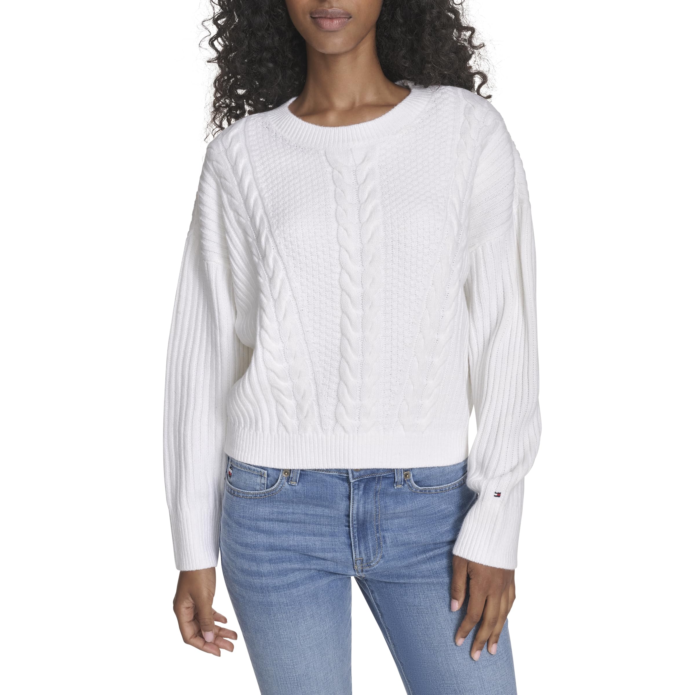 Tommy Hilfiger Women's Solid Crewneck Casual Sweater Pullover, Ivory, L