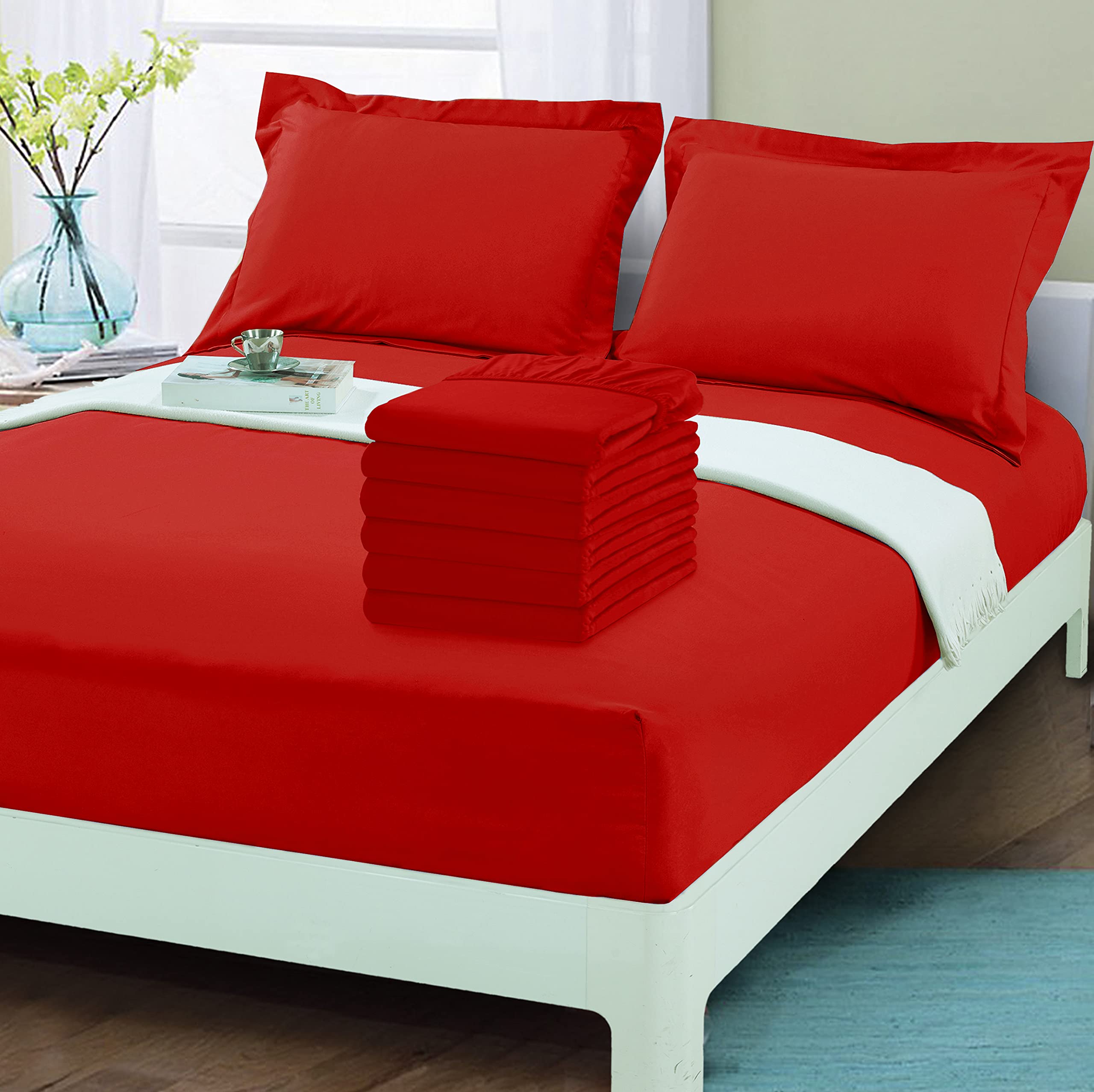 Elegant Comfort 6-pak prześcieradeł z gumką, gęstość splotu 1500 premium, głęboka kieszeń, bez zagnieceń, odporne na plamy i blaknięcie, boczne kieszenie do przechowywania, 6-pak Fitted-King, czerwone