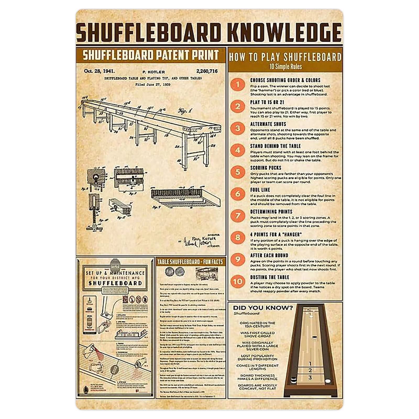 FJQWKLF Shuffleboard Knowledge Metal Tin Signs How To Play Shuffleboard Posters Shuffleboard Club Guide Plaques Home Room Bar Wall Decor 12x16 Inches