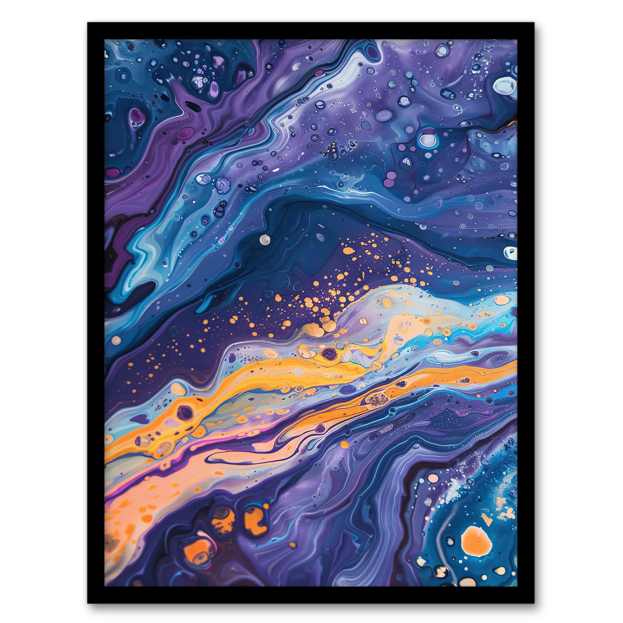 Artery8 Liquid Paint Blue Purple Orange Abstract Painting Living Room Bathroom Artwork Framed Wall Art Print A4