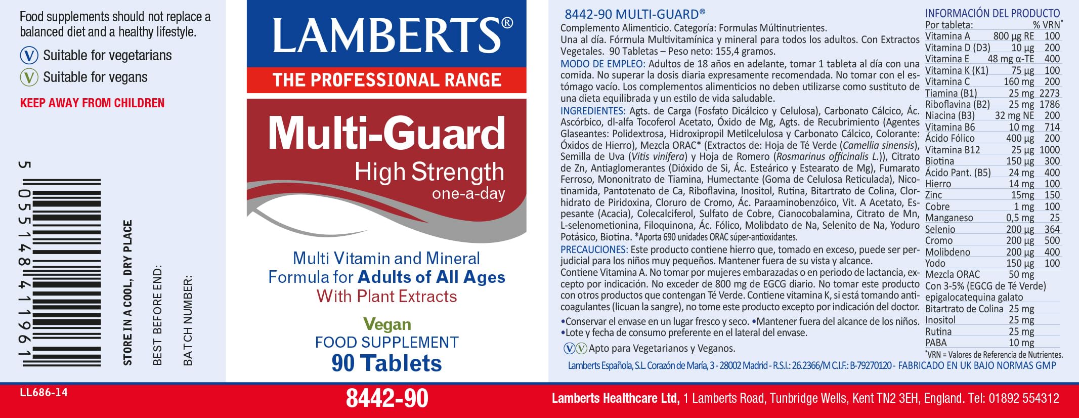 Lamberts Multi-Guard® | 90 Tabletas | Apto para Veganos | Sin Gluten | Sin OGM | 28 Nutrientes + Extractos ORAC | Vitamina D3 Vegetal | Una al Día para Adultos | Calidad Farmacéutica GMP