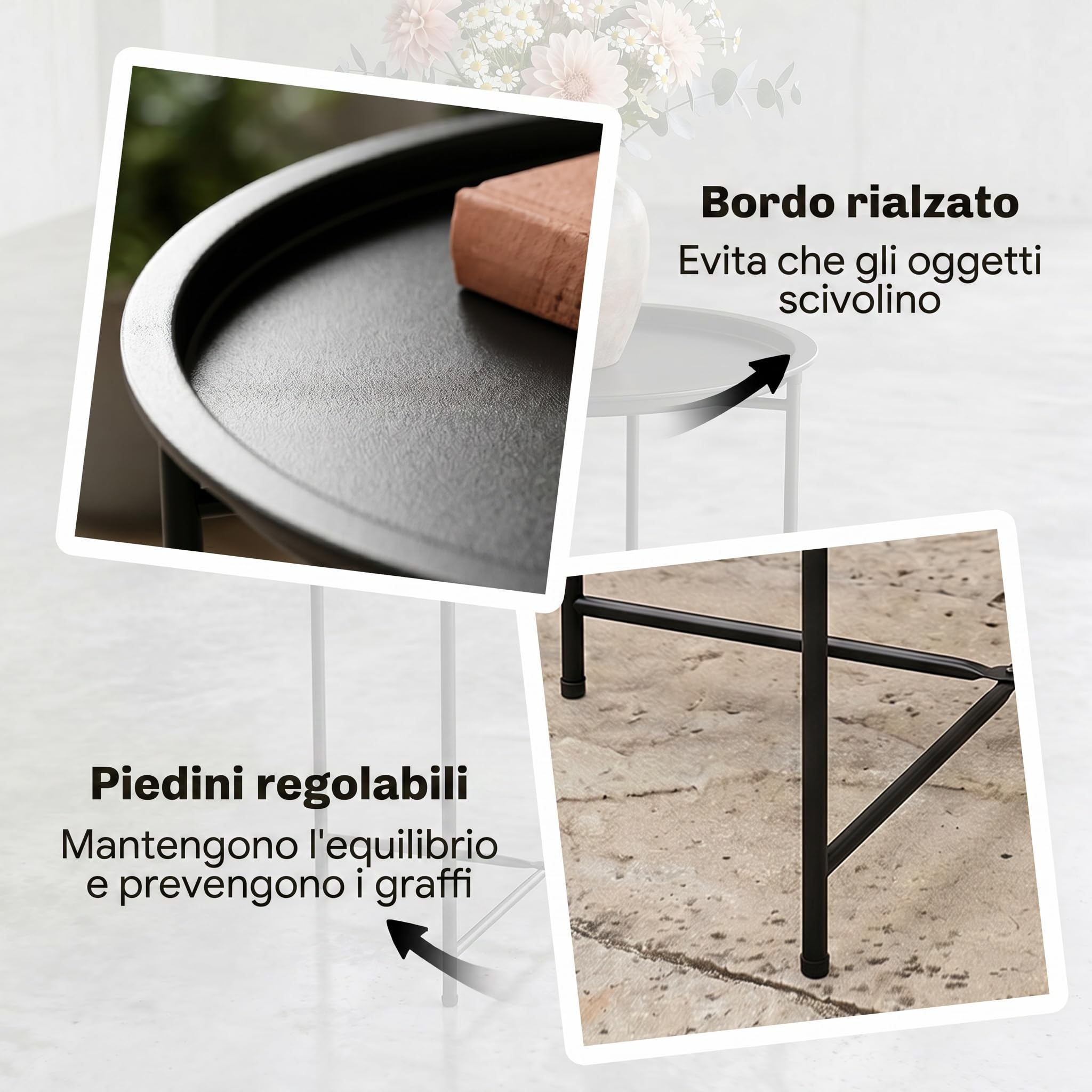 Outsunny Tavolo da Giardino Rotondo in Acciaio Ø46 cm con Vassoio Rimovibile e Gambe Pieghevoli Nero