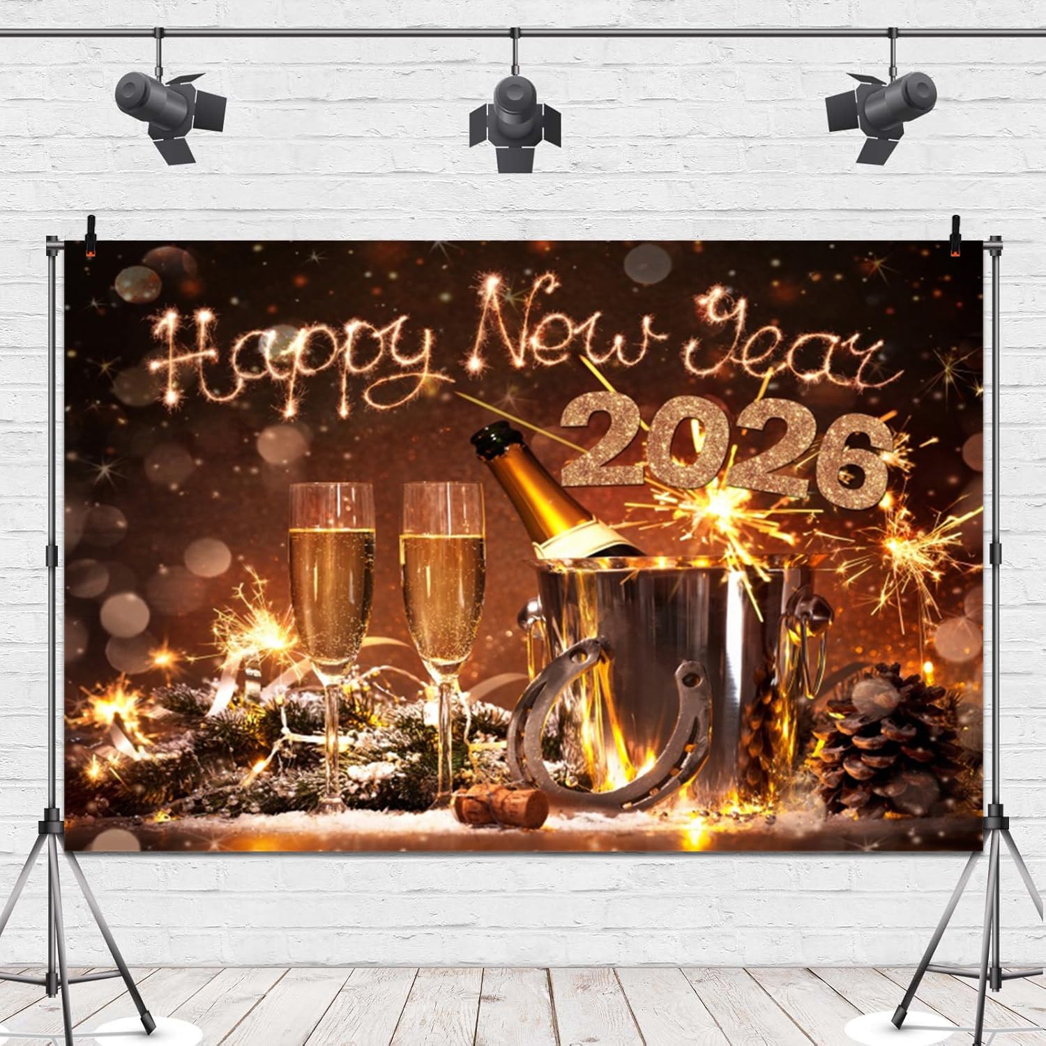 Leowefowa 7x5ft New Year 2026 Backdrop Lucky Horseshoe Photography Background Champagne Fireworks Bokeh Merry Christmas Vinyl Photo Backdrop New Year