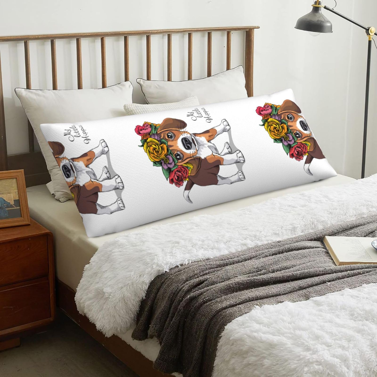 Puppy Beagle Floral Head Wreath, Body Pillow Cover with Zipper,Long Body Pillowcase 20 x 60 in