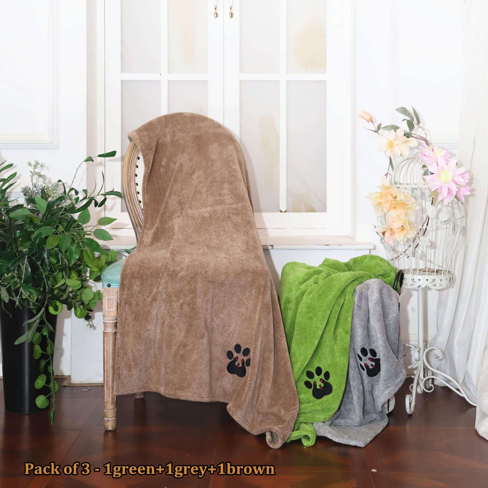 Dogvingpk Bardzo duże ręczniki dla psów do suszenia psów, super chłonny, miękki ręcznik do pielęgnacji zwierząt domowych, dla psów, kotów i innych zwierząt domowych (XL, 140 x 91 cm, zielony, brązowy