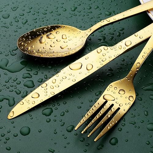 Miniatura 4 de OGORI - Juego de cubiertos de acero inoxidable forjado dorado de 24 piezas mango cuadrado servicio de 6