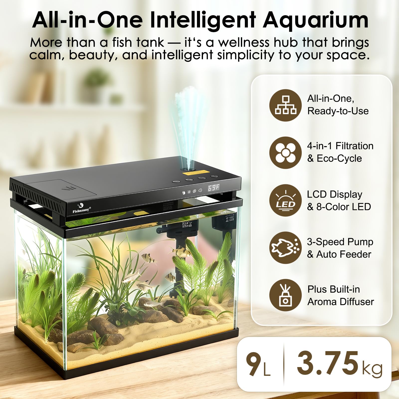 Mini acuario inteligente de 9 L, kit de pecera de vidrio HD con alimentador automático, bomba de filtro silenciosa autolimpiable, aromaterapia, visualización de temperatura y luces de 7