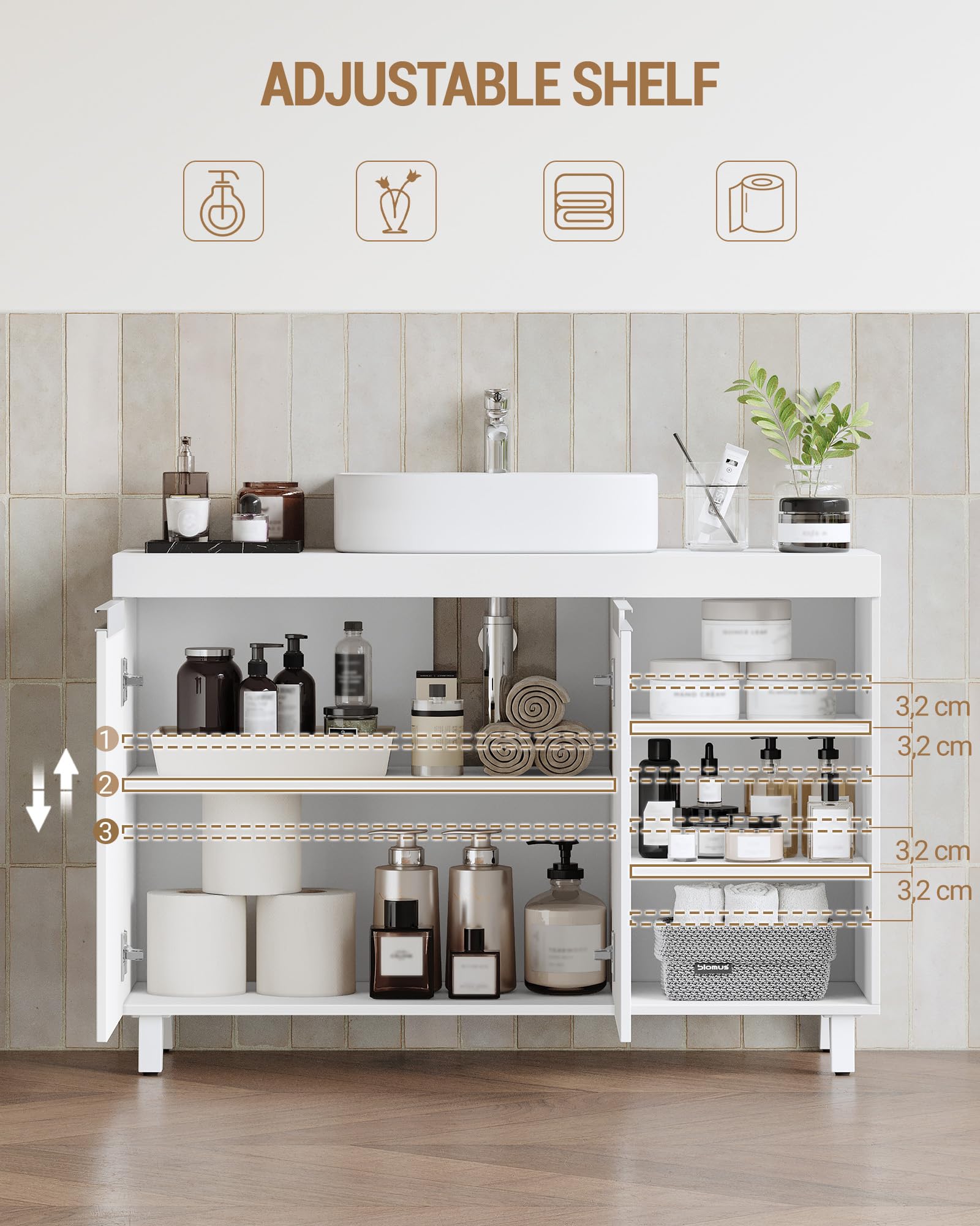 Hzuaneri Waschbeckenunterschrank, 30 x 90 x 64 cm, Badezimmerschrank mit 2 Türen und 3 offene Fächer, Unterschrank mit verstellbaren Ablagen, Freistehend Waschtischunterschrank, Weiß BC28903X