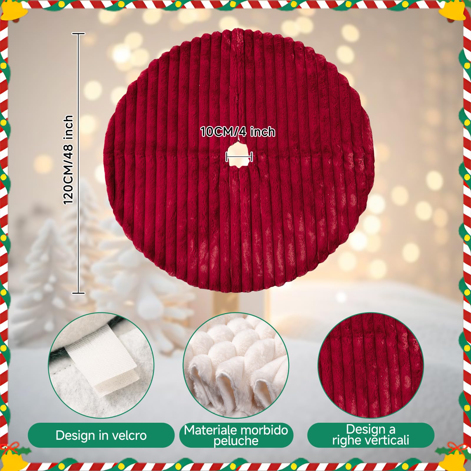 Lanpn Tappeto Sotto Albero di Natale Copribase Albero 120cm, Grande Lusso albero di Natale Copertura Base Piede Gonna per la Decorazioni per interni per feste invernali in casa (Rosso)