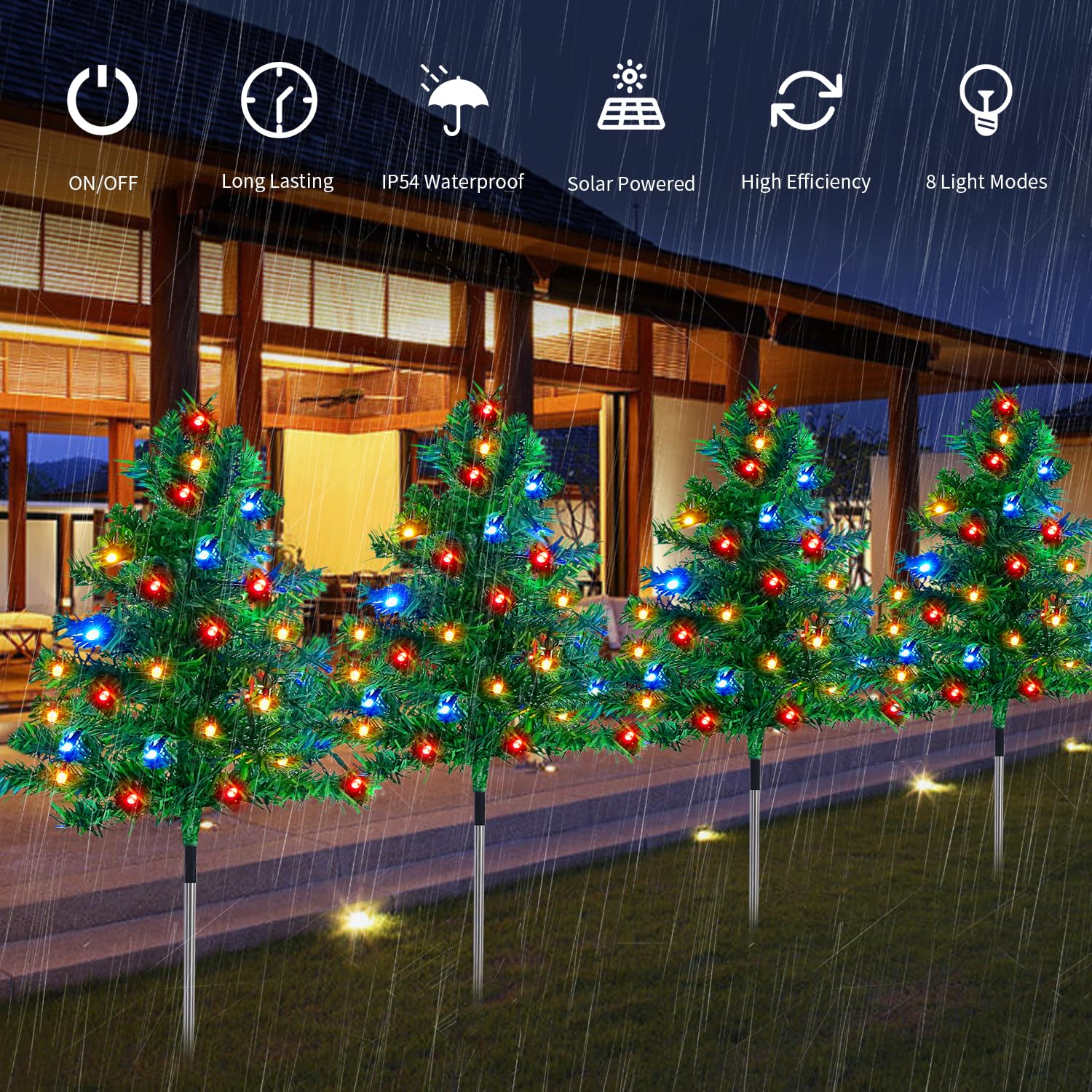 8-Pack Solar Christmas Tree Pathway Lights – 160 C6 Multi-Color LEDs, 8 Lighting Modes, Waterproof For Yard, Garden & Walkway