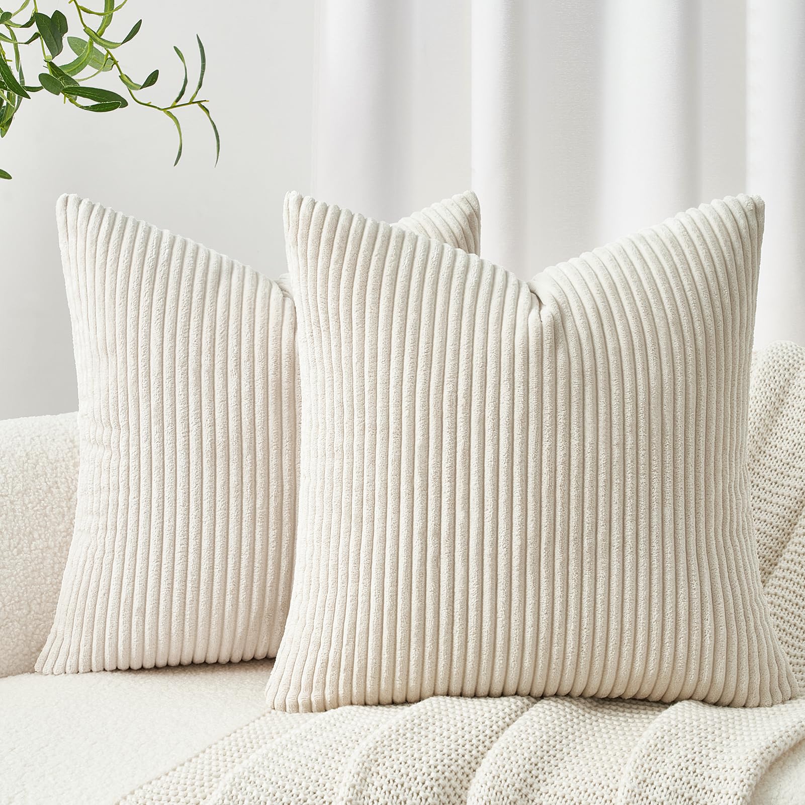 Topfinel 2er Set Kissenbezug 60x60 Creme Kordsamt gestreiftes Muster Kissenbezüge Kissenhülle Dekokissen Sofakissen Couchkissen Dekokissen Zierkissenbezug Deko Kissenhüllen Wohnzimmer