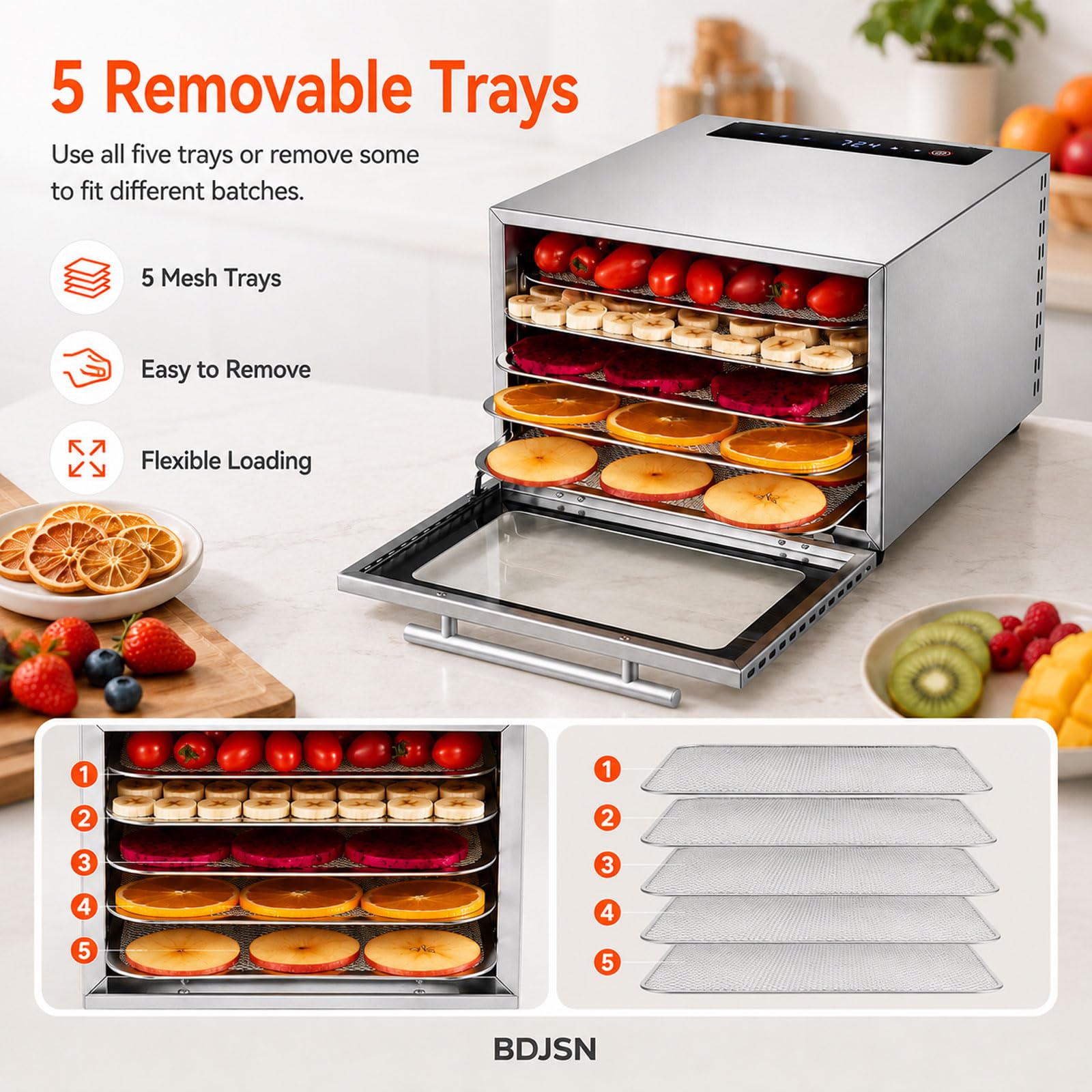 Deshidratador De Alimentos, Secador De Acero Inoxidable Con 5 Bandejas, Control Táctil Digital, Temperatura Ajustable De 20–90 °c, Temporizador De 24 H Y Puerta De Vidrio Para Carne Seca, Hierbas