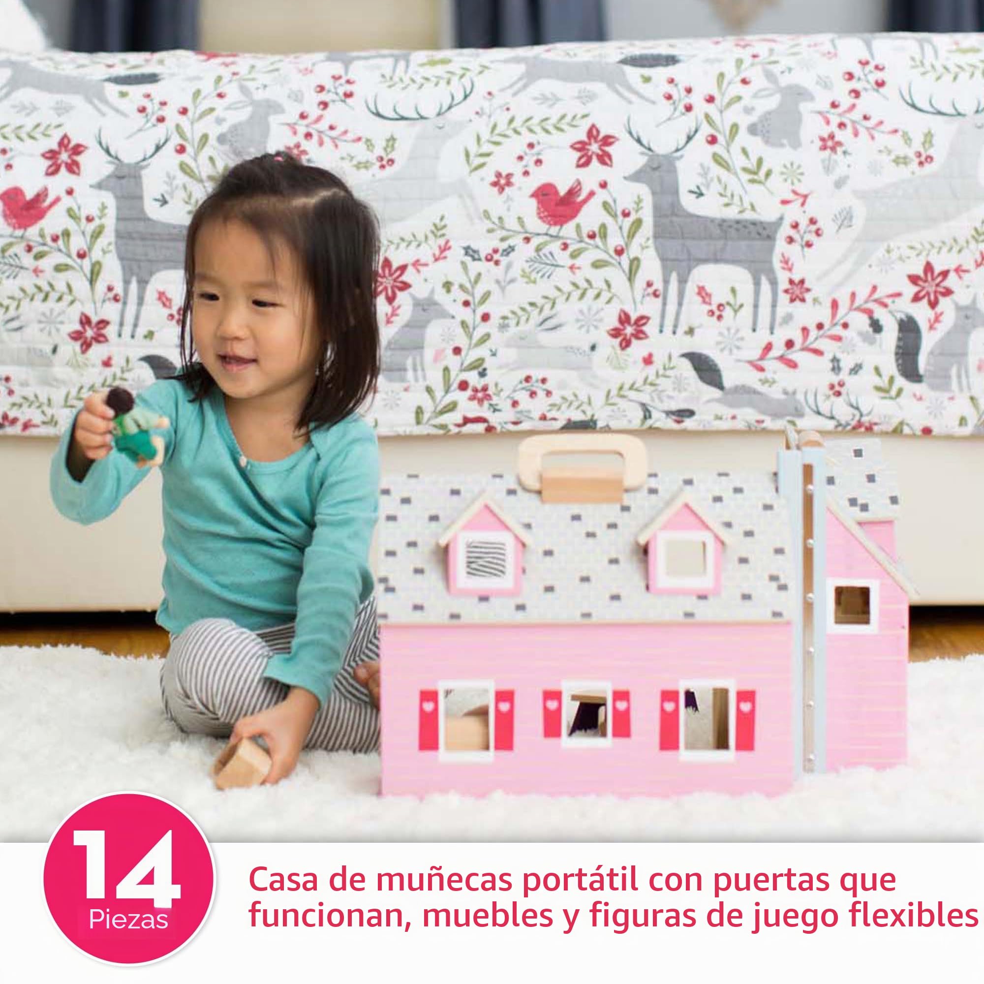 Melissa & Doug Casita de muñecas Plegable y portátil con Accesorios y 2 Figuras, Juguete de Madera, Juguetes de simulación, Montessori, Juego Creativo, Regalo para niños y niñas de 3 4 5 6 años