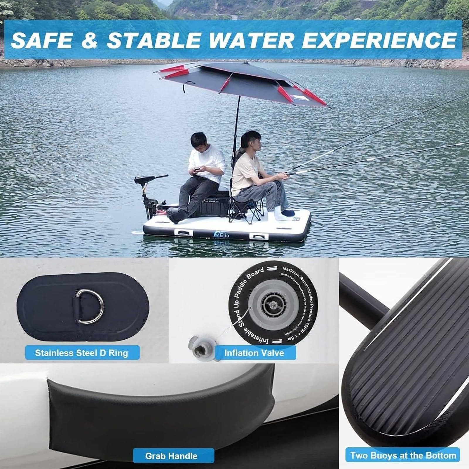 Plataforma Pesca Inflable y Plegable 2 m, con Paredes reforzadas 30 cm y Capacidad 200 kg (440 LB); Plataforma Flotante para Lagos, Ampliable con Soporte para Motor, Kit Completo.