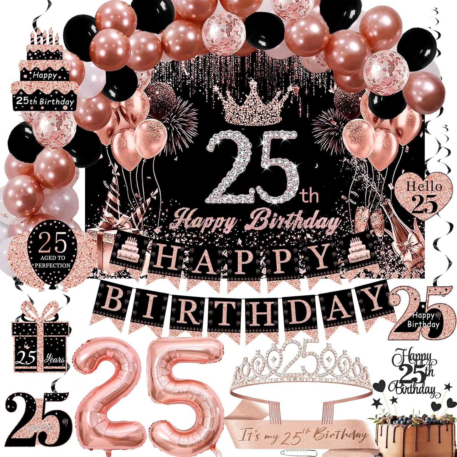 Rose Gold 25th Birthday Decorations for Girls Women - Backdrop, Sparkle Crown Sash, Happy 25th Birthday Banner, Cake Topper, 25 Number Balloons, Hanging Swirl Decorations - 70pcs
