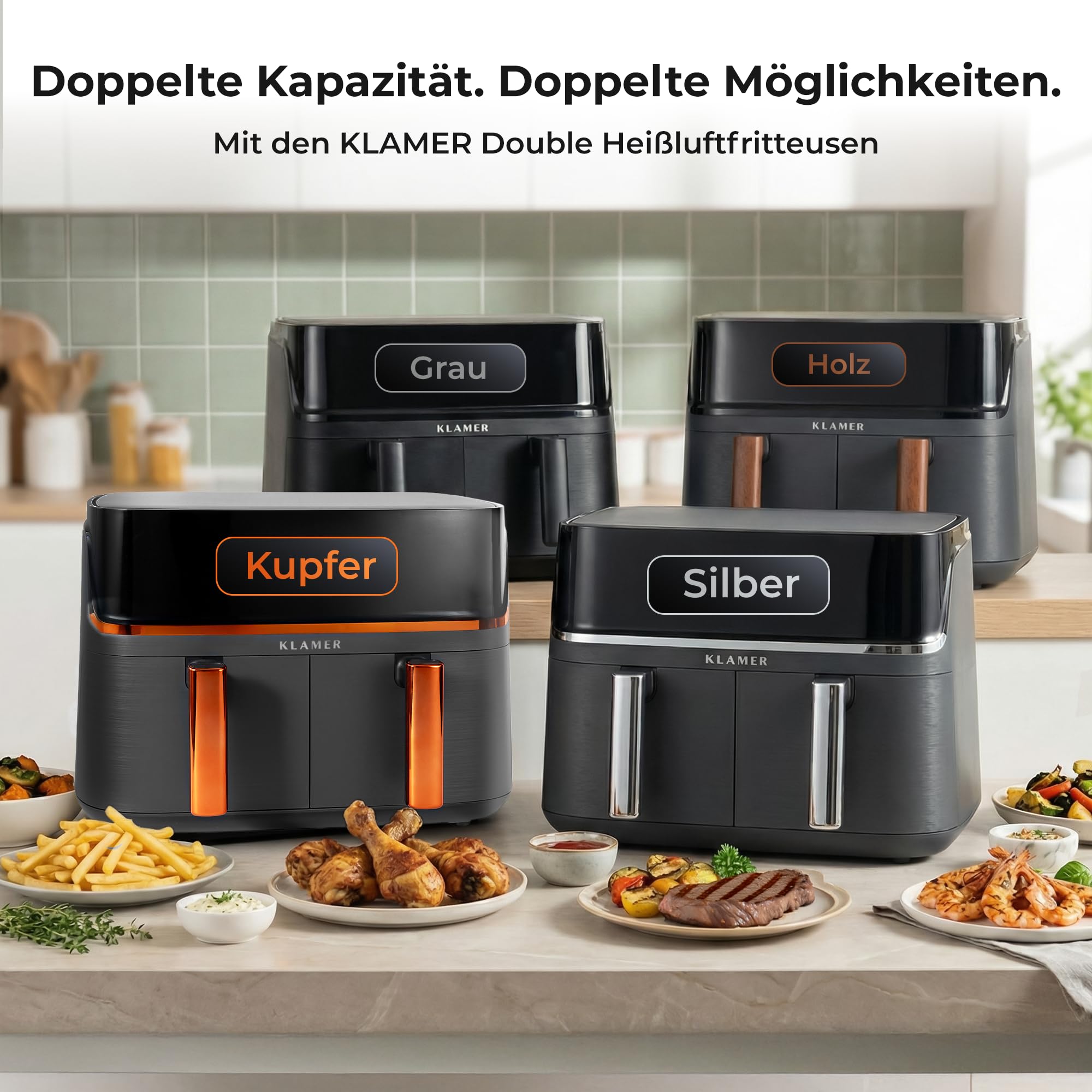 KLAMER Heißluftfritteuse Duo 9 L – Doppelkammer Airfryer mit 2 Körben & Digitaldisplay, 10 Automatikprogramme, Dual-Funktion, Timer, 3000 W Heißluft-Zirkulation, spülmaschinengeeignet