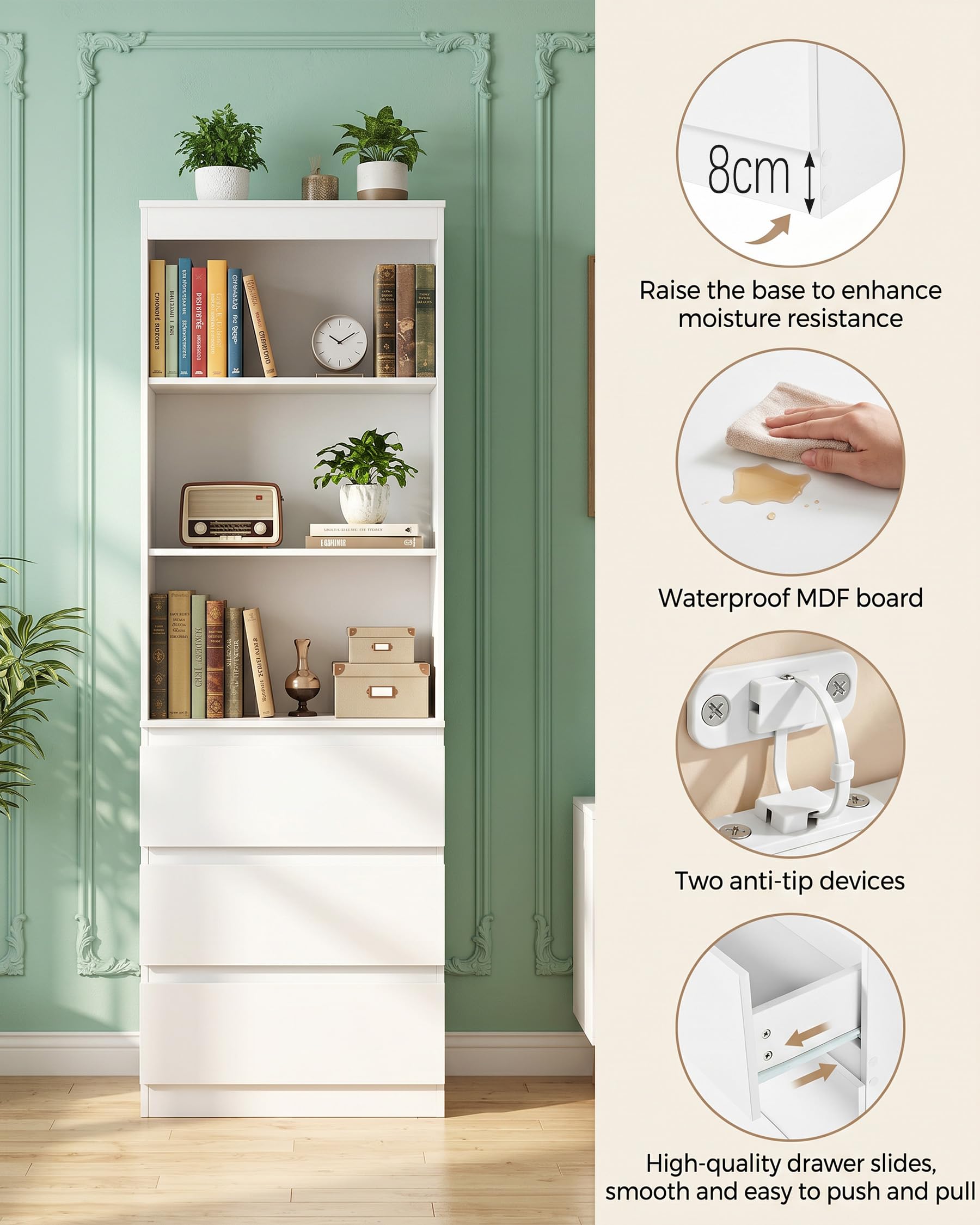 Mobile Cucina 180cm Alto 60cm Largo Credenza Soggiorno con Cassetti Armadio Salvaspazio Mobile Bianco