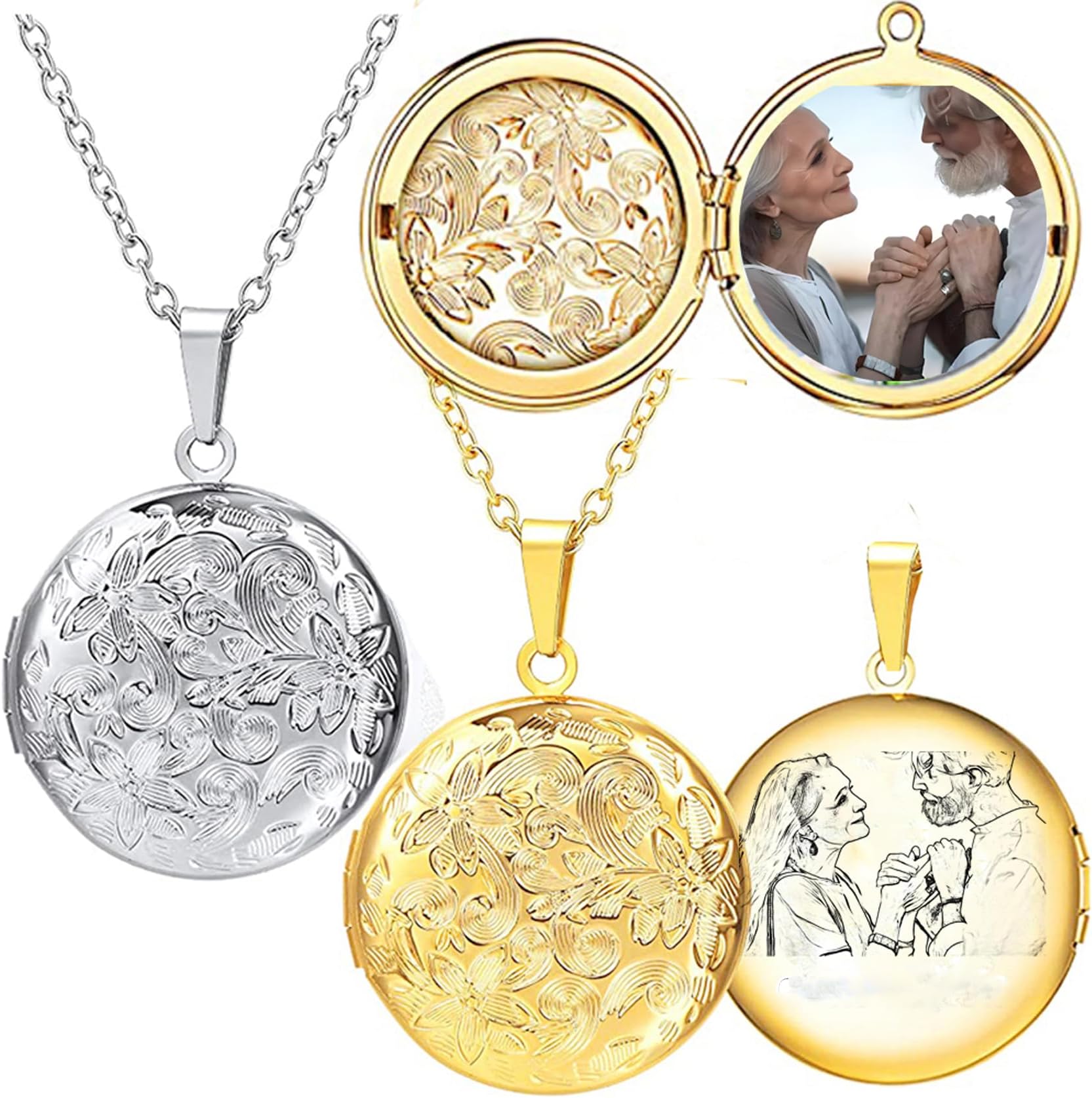 Customize Photo Round Circle Heart Locket Pendant Necklace Can Open DIY Photo Flower Carved Charm Picture Locket Necklace Titanium Stainless Steel