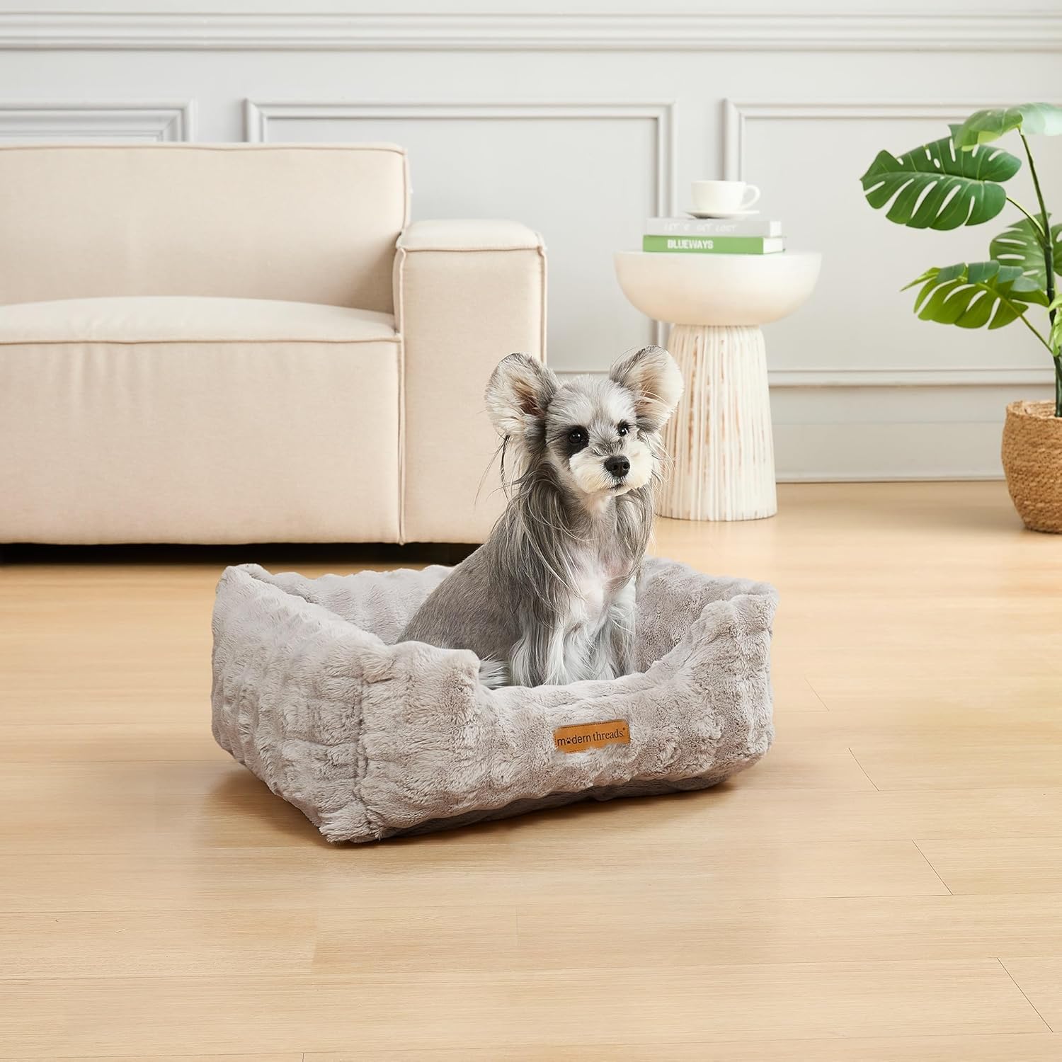 Modern Threads Brushed Long Pile Rabbit Fur Cuddler Dog Bed, Bolstered Supportive Sides, Calming Nest Design, Removable Washable Cover, Bed for Small to Medium Dogs, Stone, (24" L x 20" W x 8" Th)