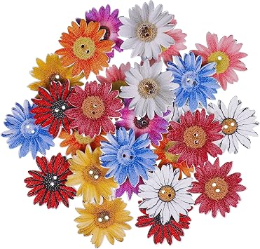 50 pcs Flower Wooden Buttons Mixed 25mm Flower Buttons for DIY Crafting Scrapbook, Clothes, Canvas Bag Decoration