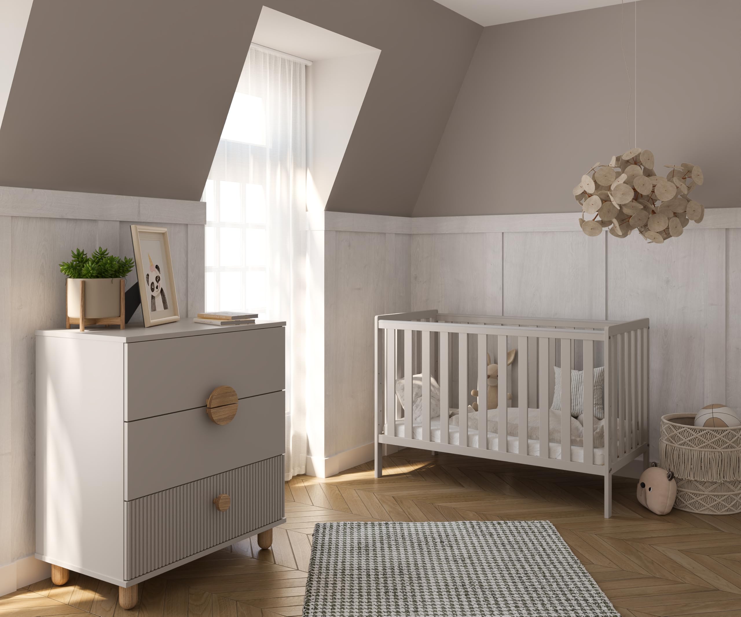 zee - Babybett Kinderbett, 2w1 Bett Bambi - Dreistufige Einstellung für Nicht Sitzendes, Sitzendes und Stehendes Kind - Zwei Abnehmbare Sprossen - mit Geländer - 60x120x86cm, Cachemire