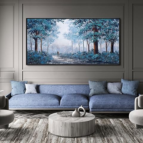 KLAKLA Black Frame Border Bedroom Art - Prussian Blue Tree Wall Art for Living Room Framed Artwork Blue Leaves Plant Forest Wall Decor Canvas Wall Art for Office Home Decor