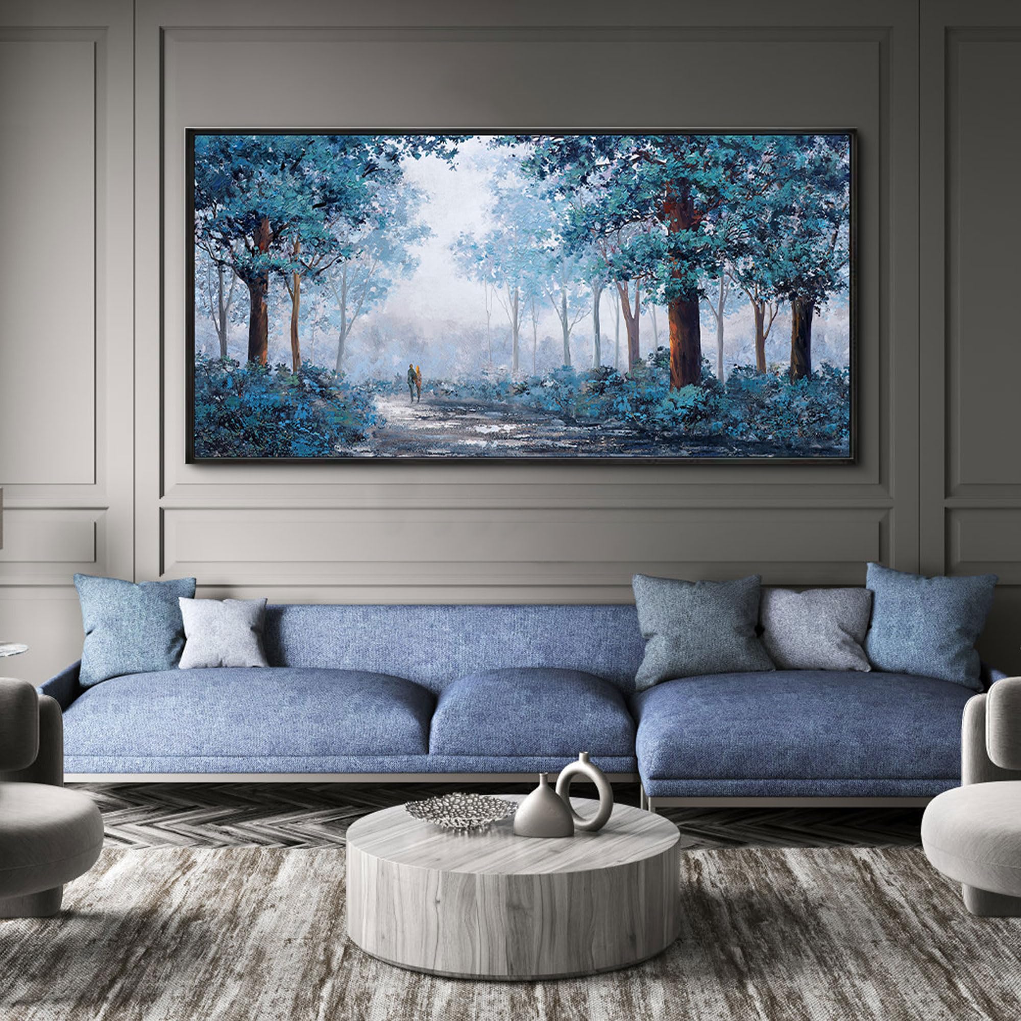 KLAKLA Blue Tree Wall Art for Living Room - Black Frame Border Bedroom Art - Prussian Blue Tree Wall Art for Bedroom - Framed Artwork Blue Leaves