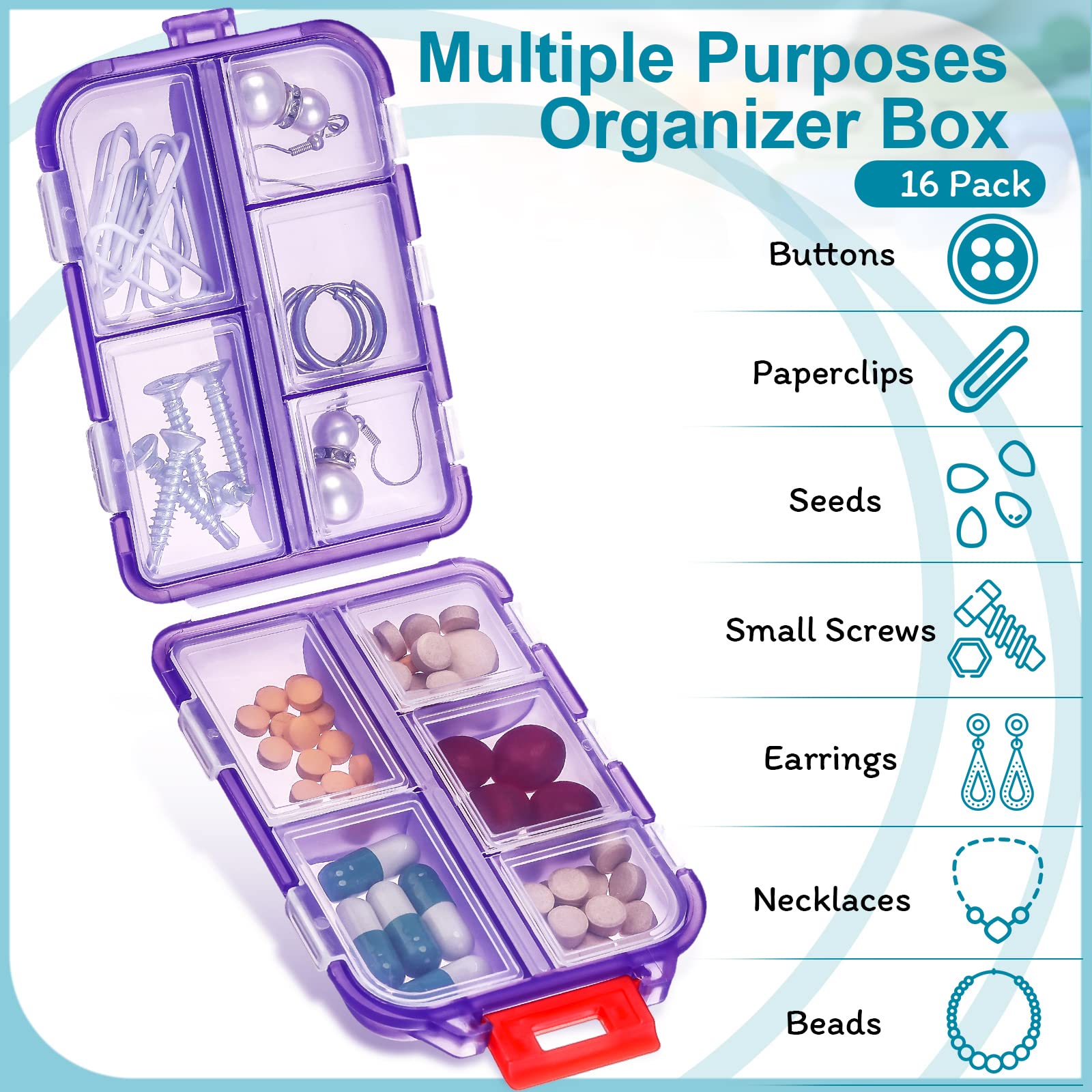 Mumufy Lot de 32 piluliers portables à 10 compartiments pour pilules de voyage quotidiens pour vitamines et poissons, huiles, différents médicaments, 8 couleurs