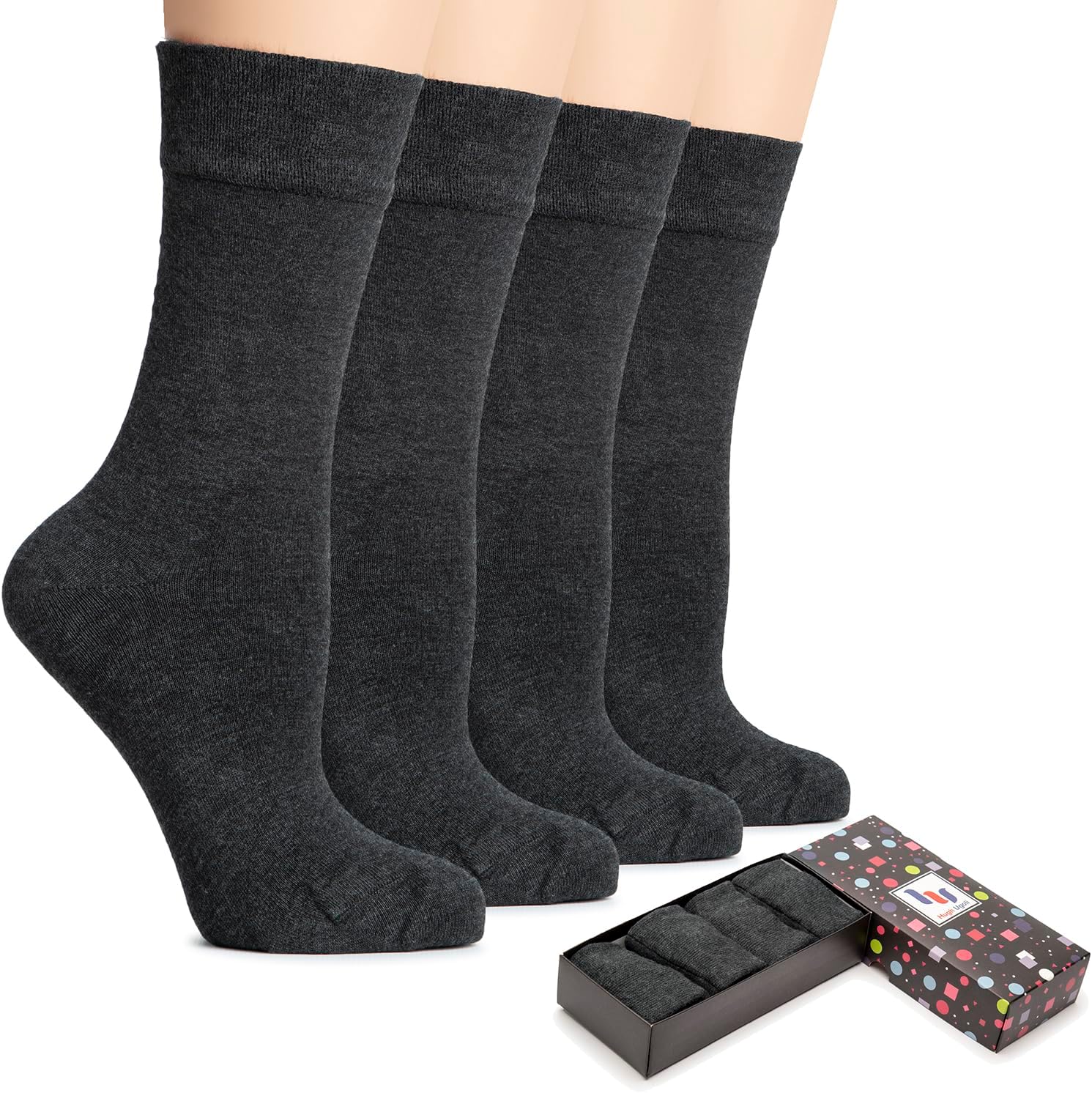 Hugh Ugoli Women's Rayon Thin Crew Socks for Dress Business & Trouser, Seamless Toe, 4 Pairs in Gift Box