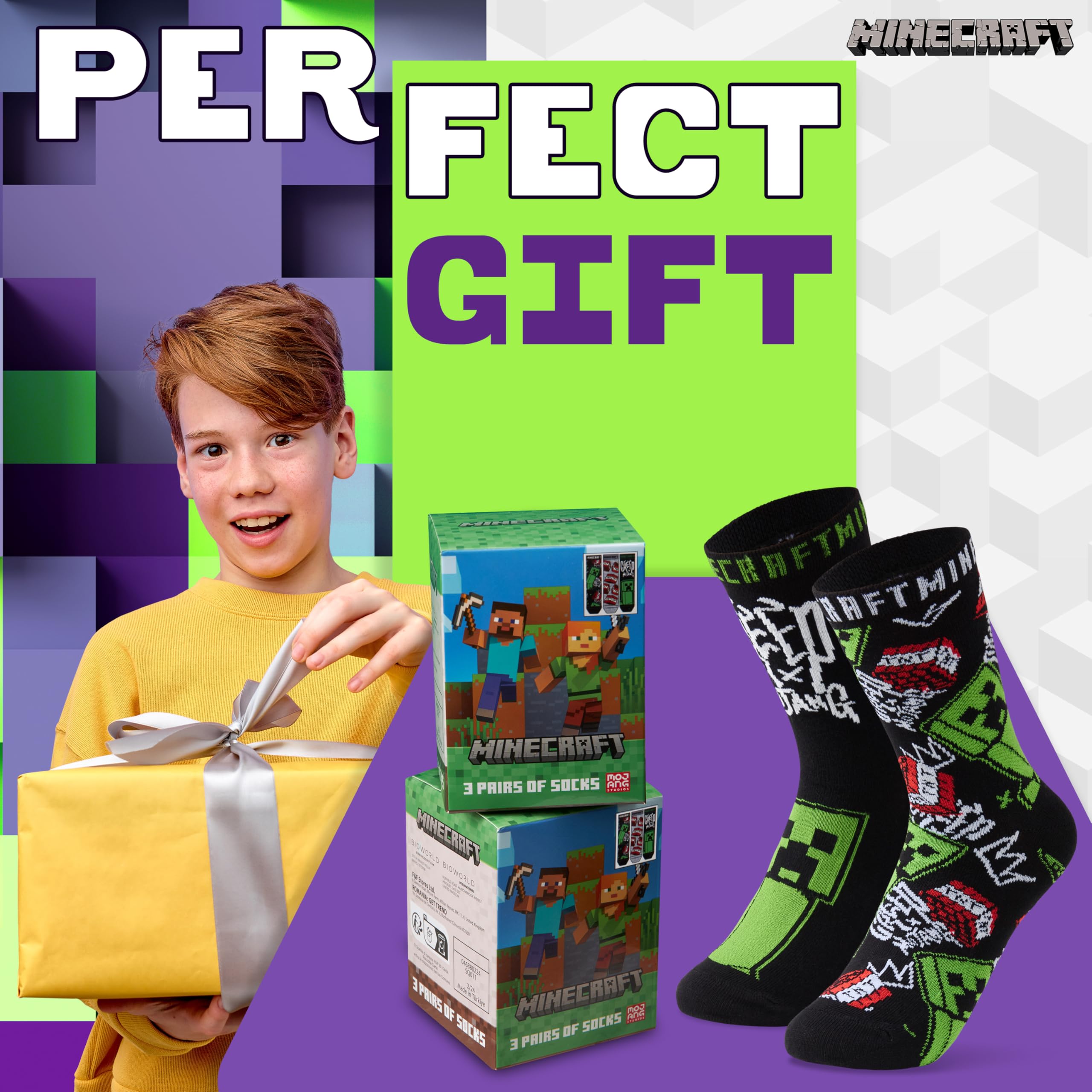 MINECRAFT Calzini Bambino - Calze Bambino in Cotone - Calzini Ragazzo Taglia Unica Pacco da 3/5 Gadget Regalo