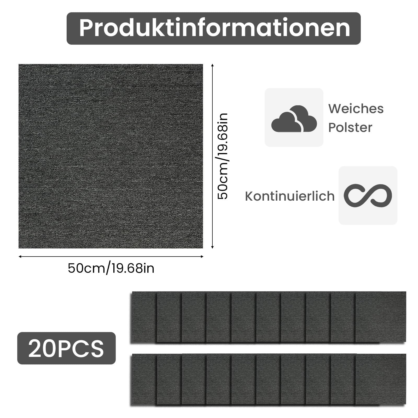 50x50 cm Teppichfliesen, zur Selbstverlegung — 20 Fliesen pro Packung (5 Quadratmeter) — strapazierfähig — geeignet für Wohnungen, Büros, Apartments und Gewerberäume (Dunkelgrau)