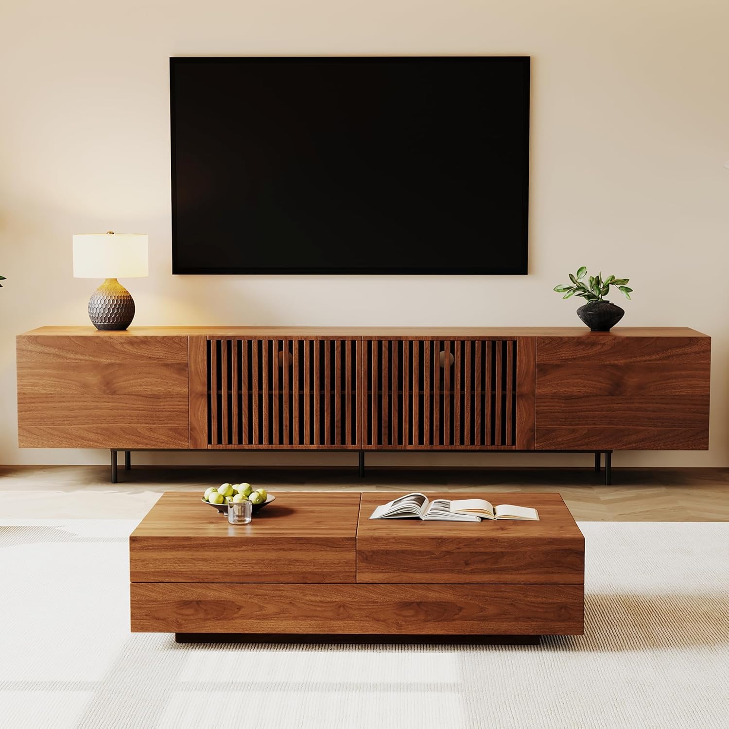 Extendable Rectangular Coffee Table with Concealed Storage Compartment, Expandable Width from 47.2" to 81.8", MDF Construction, Suitable for Living Room or Bedroom, Walnut Finish