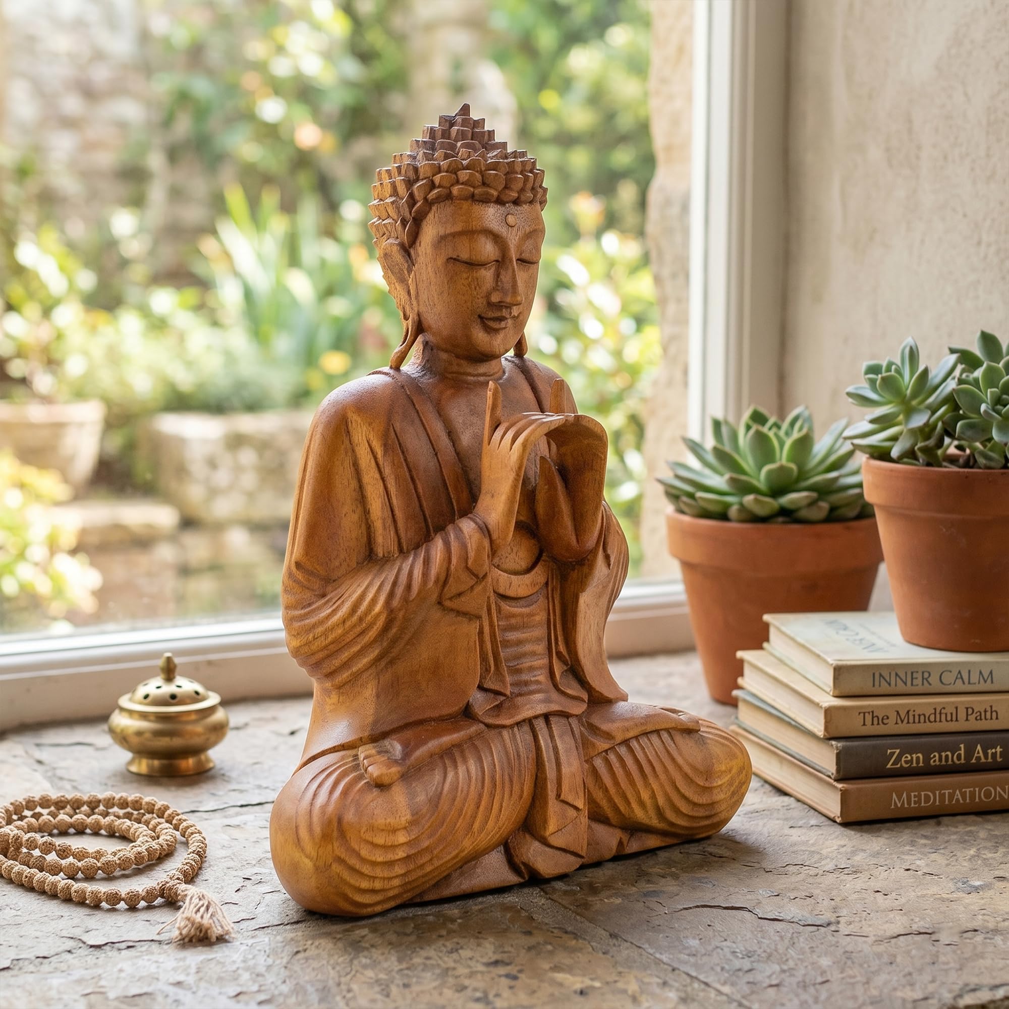 G6 COLLECTION Statue de Bouddha assis serein en bois faite à la main - Sculpture de méditation décorative pour la maison - Cadeau artisanal - Bouddha oriental sculpté à la main - 40,6 cm de haut
