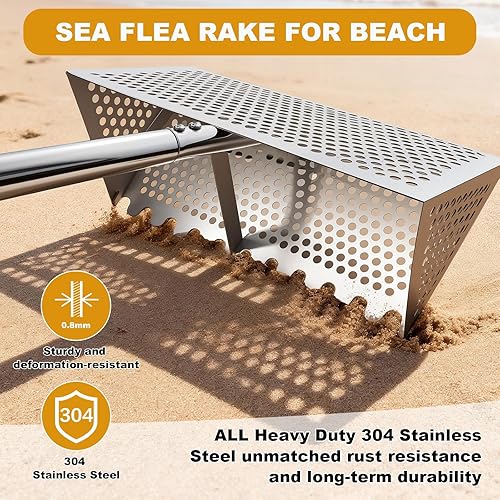 Miniatura 2 de Rastrillo de pulgas de mar para playa, atrapa cangrejos de arena de acero inoxidable 304 de alta calidad, tamiz de playa de 52 pulgadas de largo con