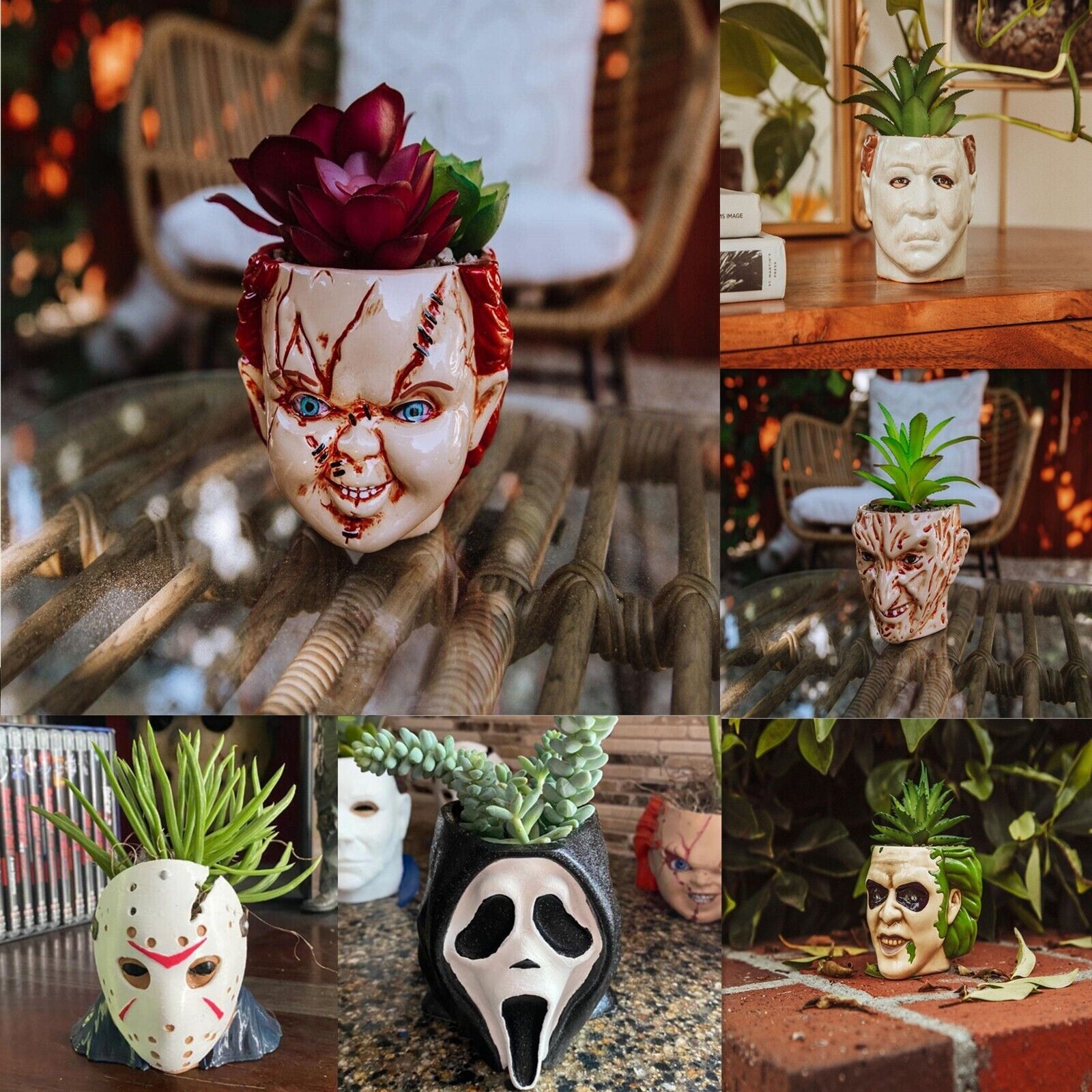 Amazon.com : EJWCIG Horror Movie Planter Halloween Decor Scary Mini Head  Skull Funny Zombie Plant Pot Gothic Unique Planters with Drainage Hole  (Chucky) : Patio, Lawn & Garden