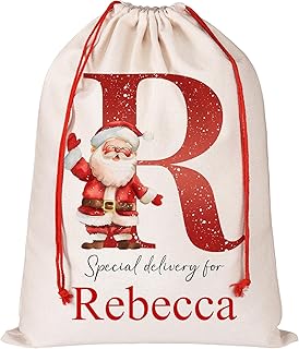 Wyleaves Personalized Santa Sack, Custom Bag Pouch with Initial & Name Customized Christmas Eve Box Sack Bags
