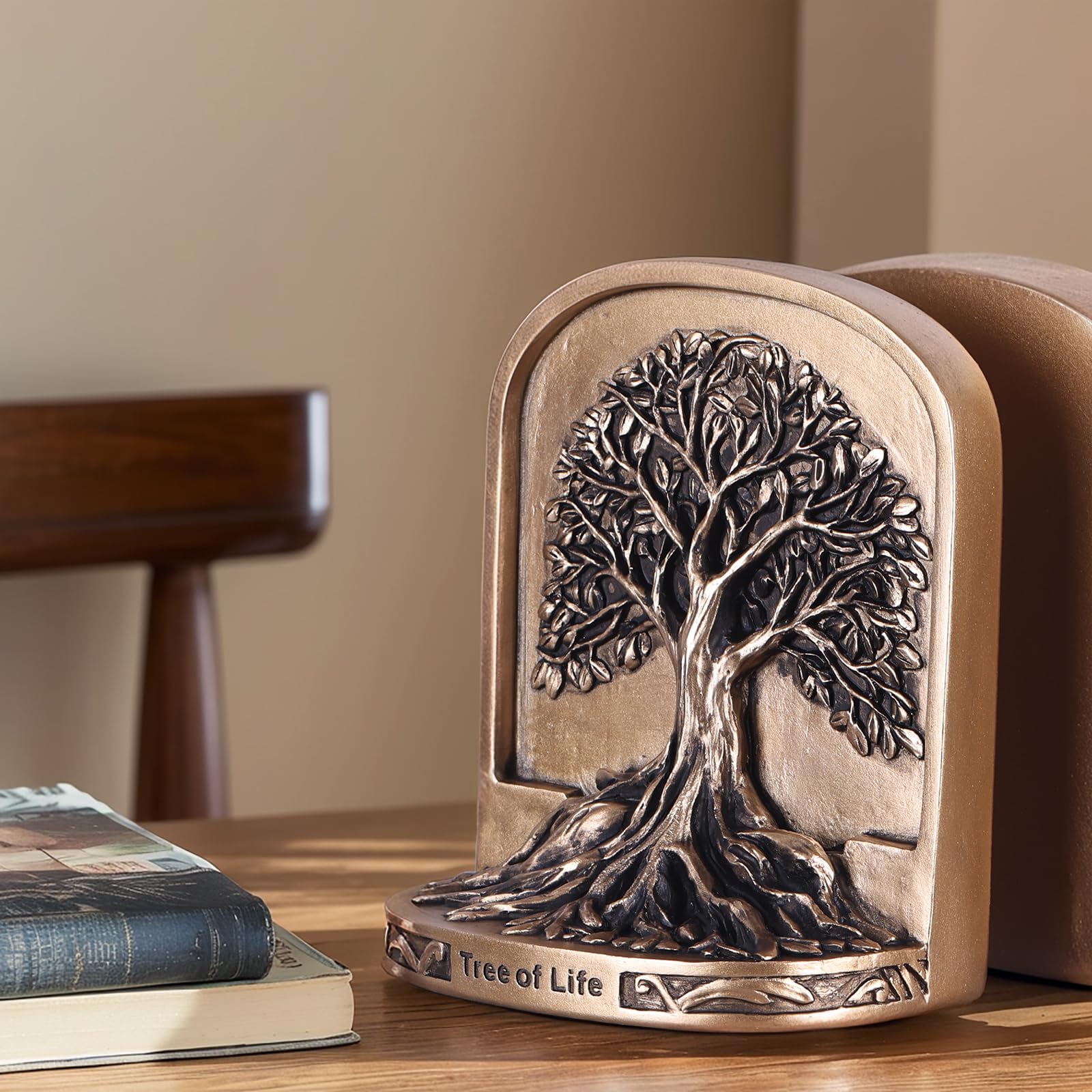 Set di 2 fermalibri decorativi con albero della vita, color bronzo antico, per scaffali o librerie, resistenti e antiscivolo, per mensole da scrivania, biblioteche e ufficio, regalo per la casa