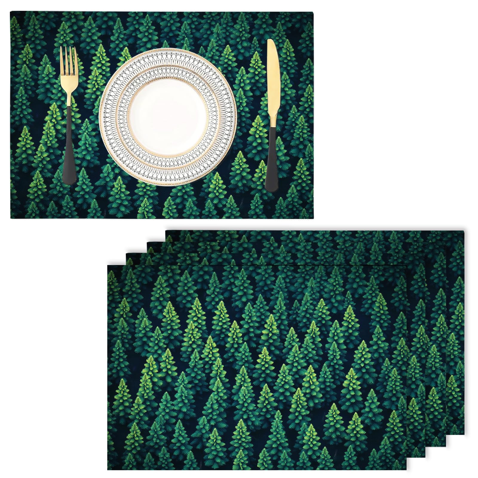 Placemats Washable Set of 4-30 x 45 cm geometry Placemats, forest Cotton Linen Hemstitch Place Mats for Table, Kitchen, Dining