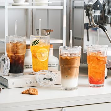SoulTimes 600ml Glass Cups with Lids and Straws, Ribbed Glass Tumbler for Iced Coffee, Smoothie, Juice & Cold Drinks, Reusable Thick Glassware Set, Elegant Home & Travel Drinkware【2 Pack】