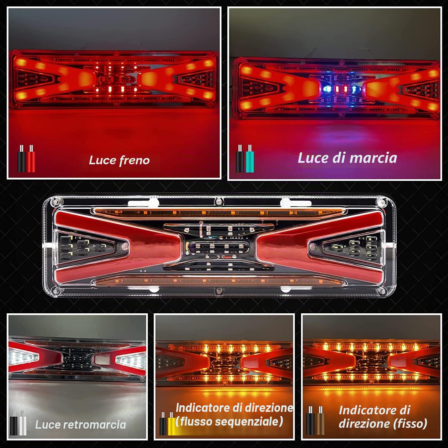 Biqing 2PCS Kit Fanali Rimorchio Luci Posteriori 24V,Multifunzione 56-LED Fanali Posteriori Luci di Stop Riflettore Indicatore di Direzione Dinamico per camion, rimorchio, camion, furgone