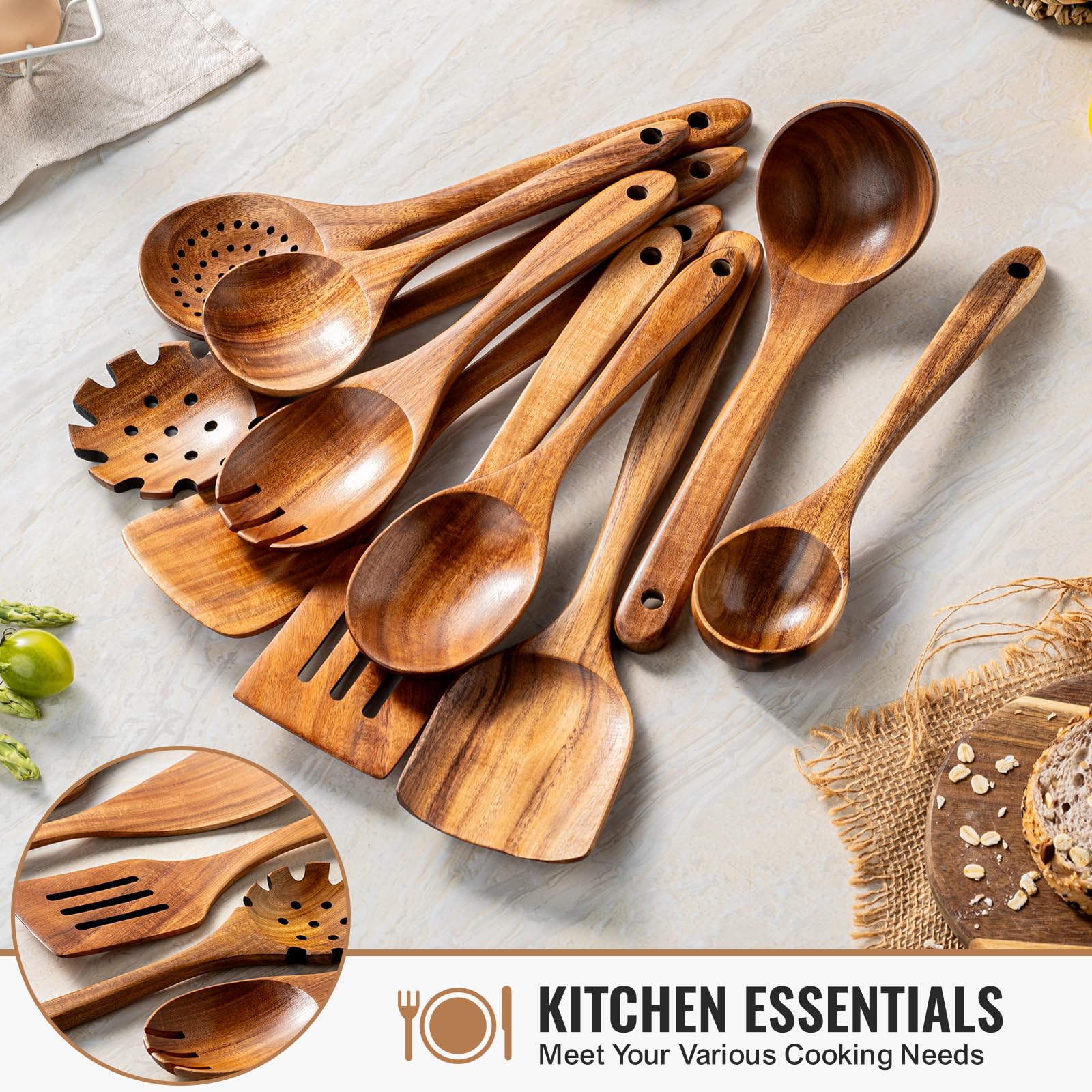 Terlulu Holzlöffel zum Kochen, Küchenutensilien-Set aus natürlichem Teakholz, langlebiges Kochutensilien-Set mit Komfortgriff für Kochgeschirr, glatte Oberfläche, antihaftbeschichtet, hitzebeständig
