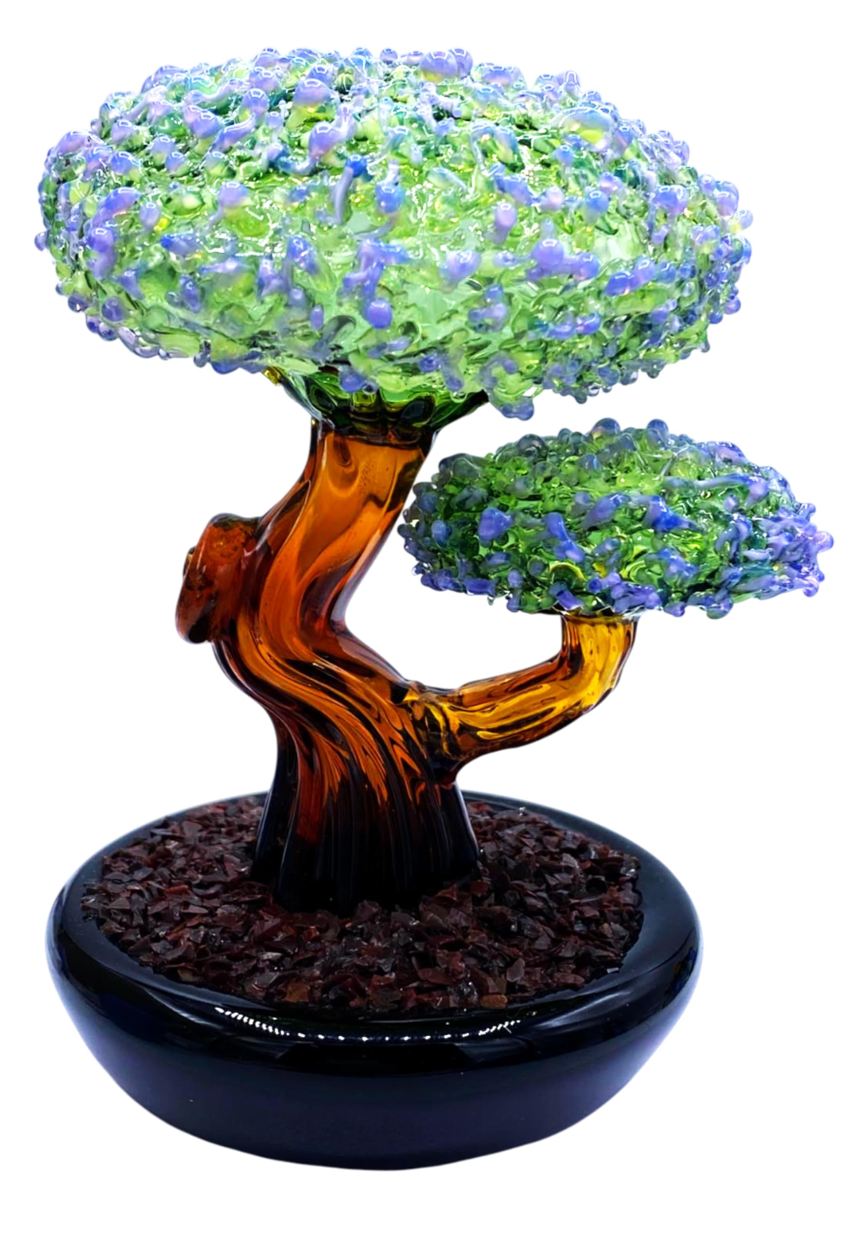 Escultura de cristal Bonsai decorativo, árbol artístico con follaje verde y tronco ámbar, base de cristal negro
