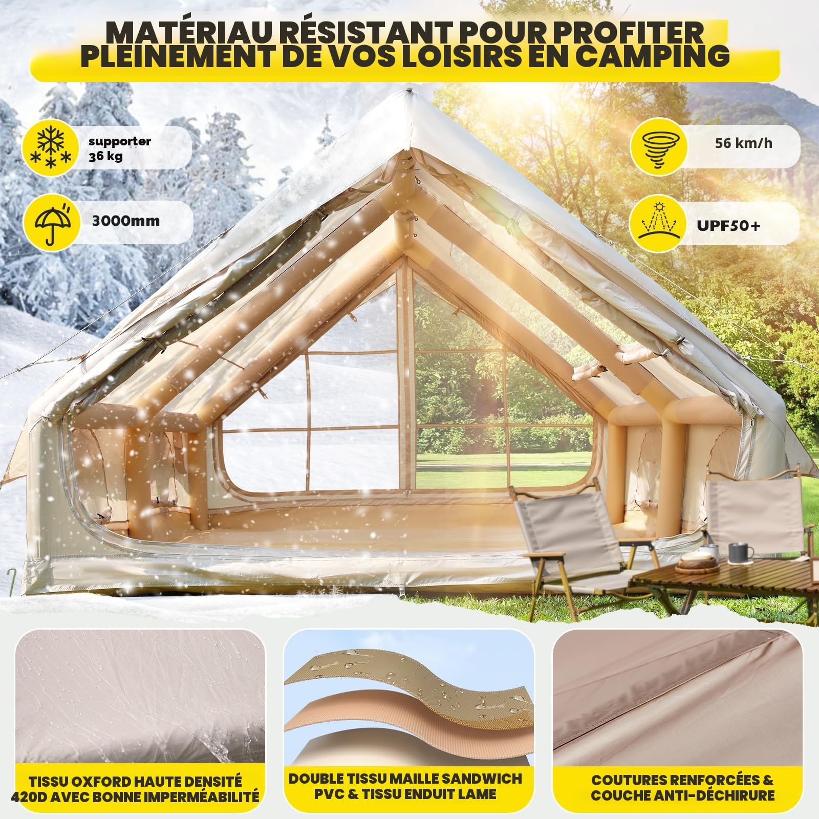 Tente gonflable avec cheminée et fenêtre de toit, tissu Oxford imperméable adapté aux 4 saisons, tente d'extérieur pour 2 à 10 personnes, avec pompe à air, montage rapide