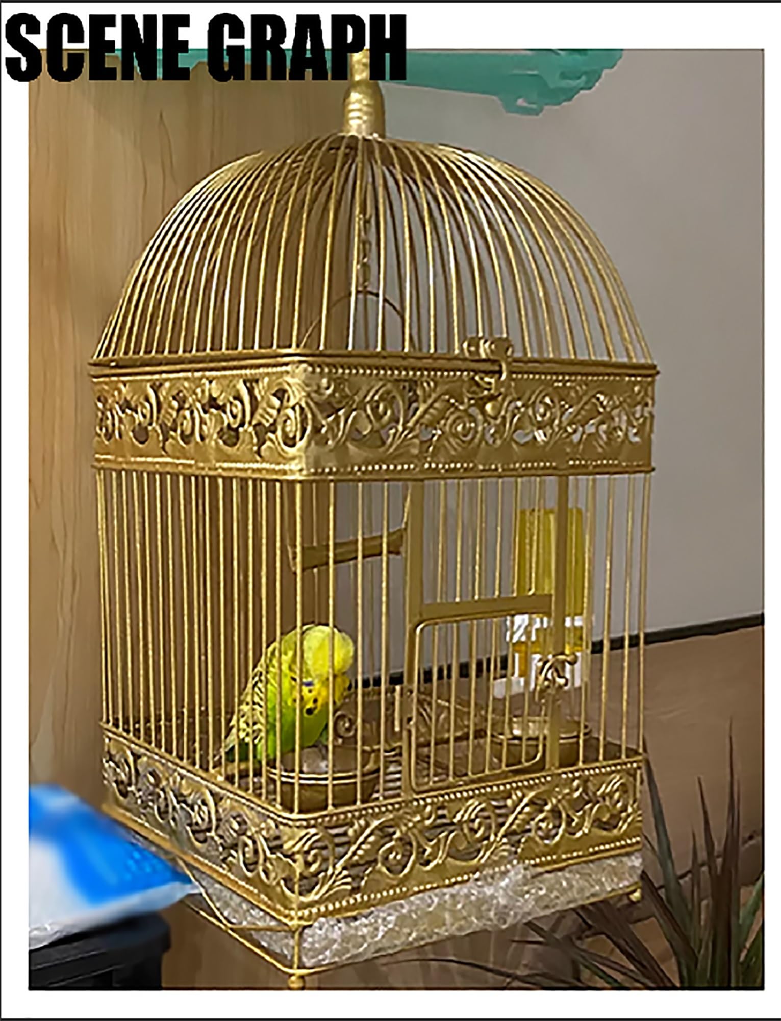 Vögel Käfig Deko Gold Vintage Papageienkäfig Rund Metall Elegant mit Box für Lebensmittel Bar stehend Hinzufügen Behälter für Lebensmittel, Gold