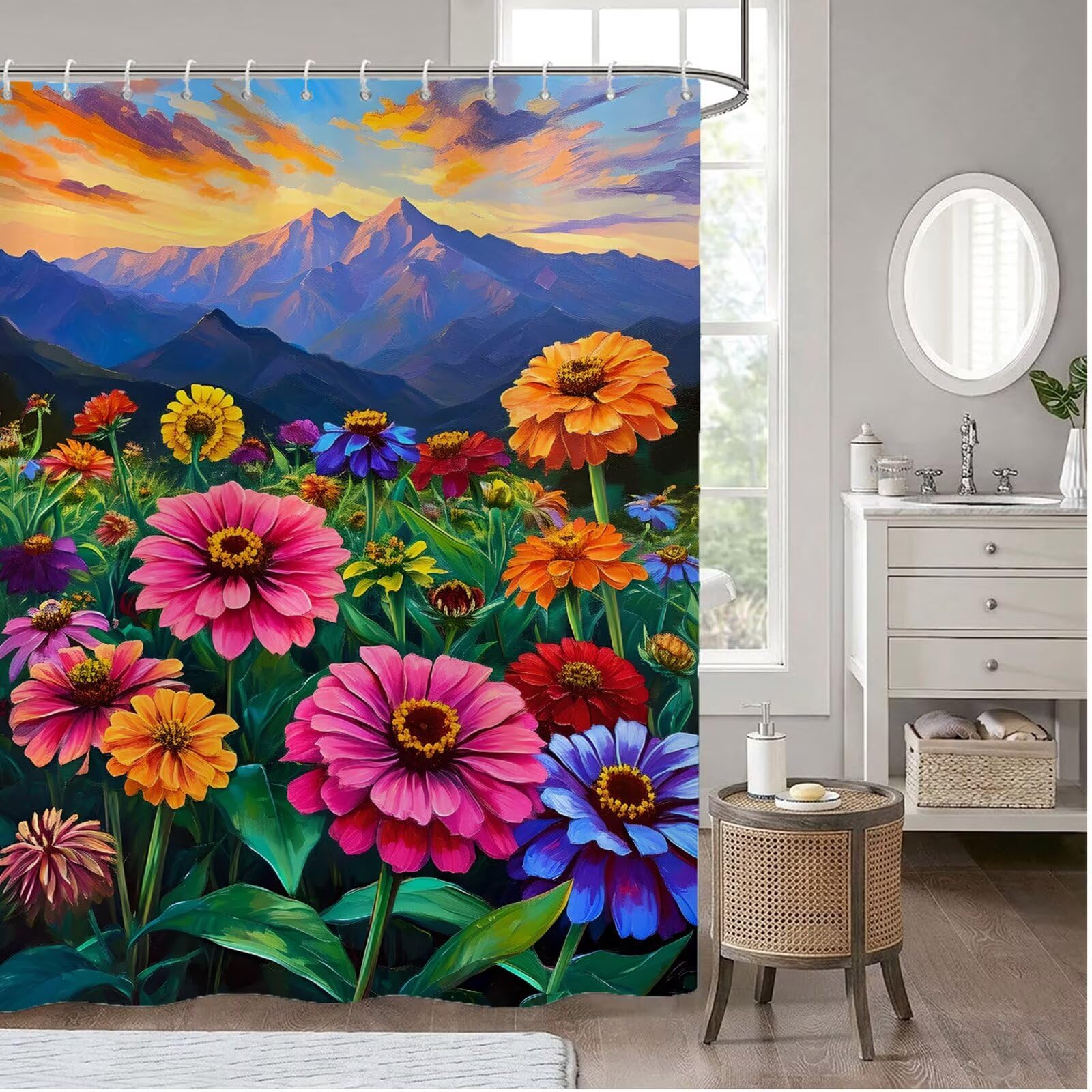 Duschvorhang 180x220 cm Blume Shower Curtains Berg mit Gewicht und 12 Plastik Haken, Anti Schimmel Wasserdicht, Waschbar Schnelltrocknender Polyester Stoff, Dekorative Vorhang für Bad Badewanne 6H-265