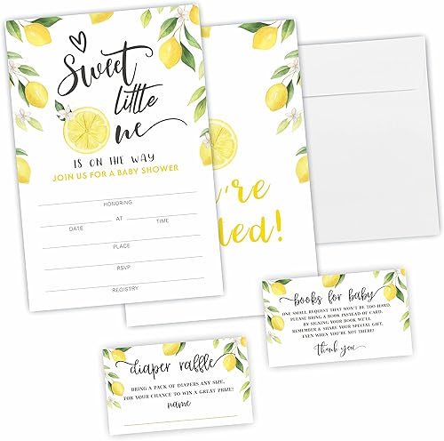 YTZ-A07 - Kit de invitación de baby shower con temática de limón y acuarela, juego de 25 invitaciones con sobres, boletos de rifa de pañales,