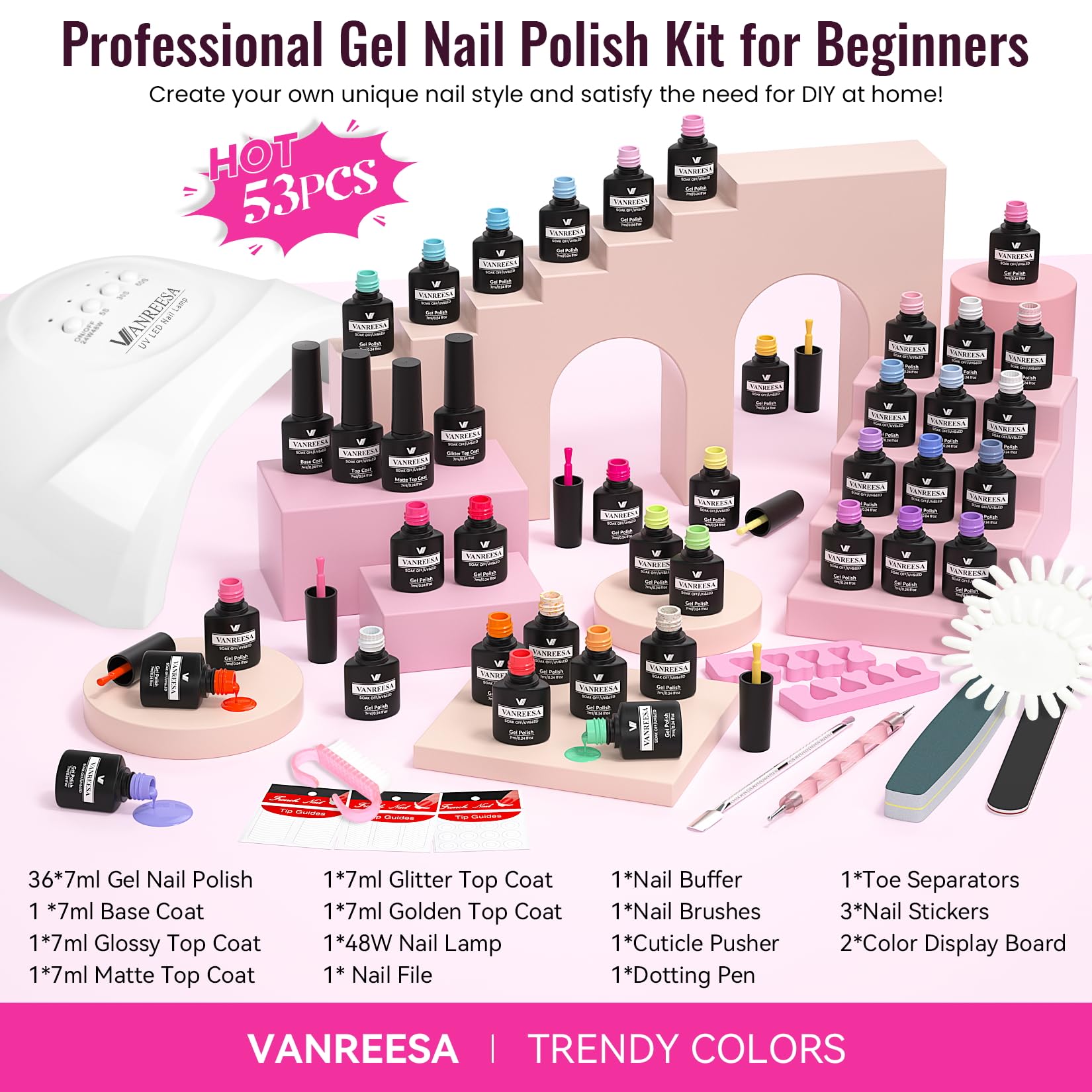 VANREESA Gel Nagellack Set, 36 Farben U V Gel Nagellack Starter Kit mit 48W Nagellampe Gel Nagellack Starter Set Geschenk für Frauen